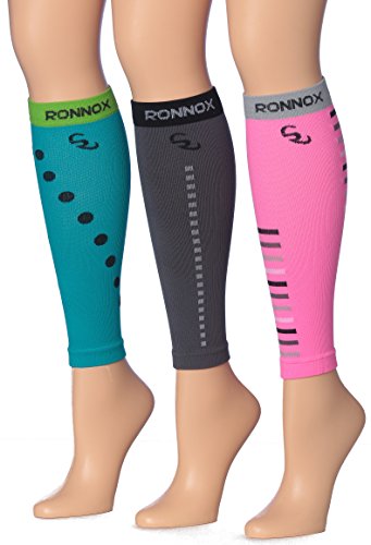 Ronnox Calf Compression Sleeves in vibrant colors, designed for athletic performance and medical support, showcasing their breathable and comfortable fabric.