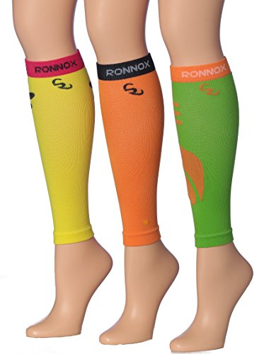 Ronnox Calf Compression Sleeves in vibrant colors, designed for athletic performance and medical support, showcasing their soft neoprene fabric.