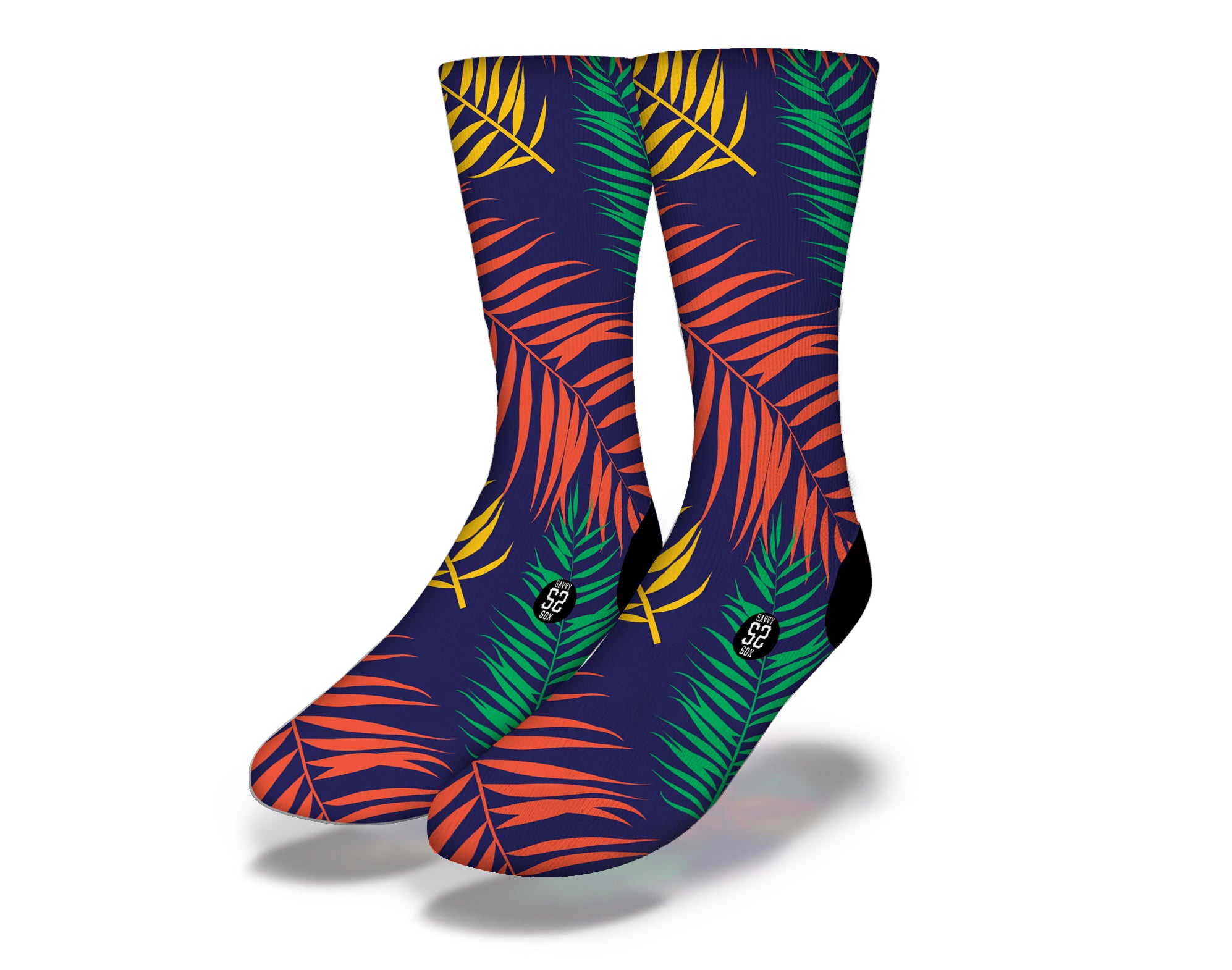 CARRIBEAN PALMS Fun Beach Life Socks featuring tropical palm fronds and marine animals, perfect for beach lovers.