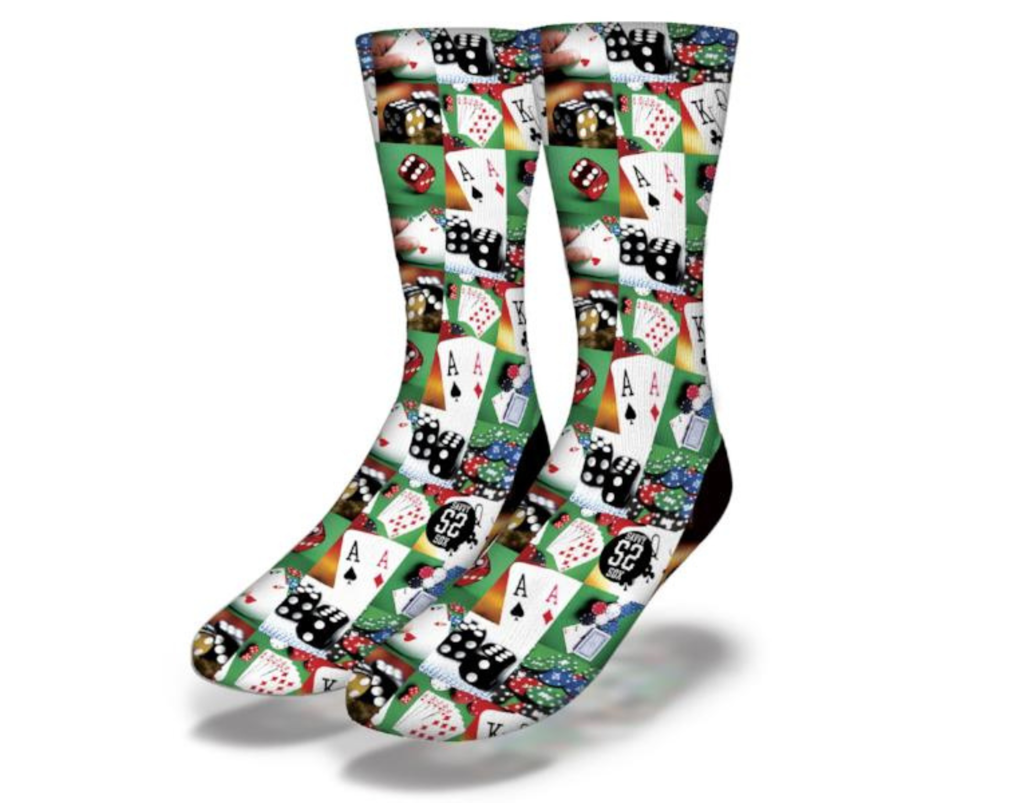 CASINO GAMES PHOTO COLLAGE socks featuring vibrant designs of cards, dice, and chips, perfect for gaming enthusiasts.