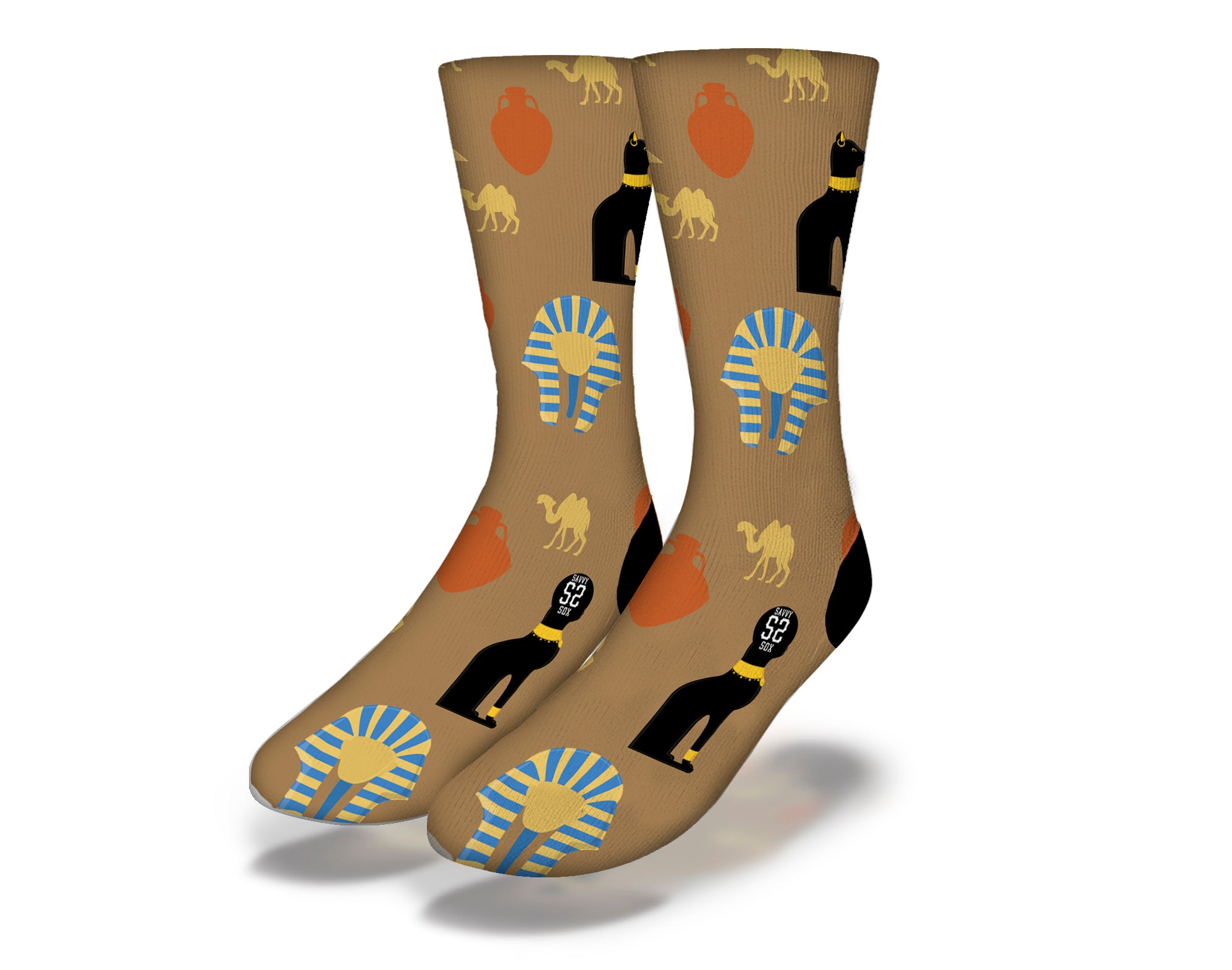 CATS, CAMELS & EGYPTIAN PHARAOHS Fun World Socks featuring vibrant designs inspired by Egyptian culture.