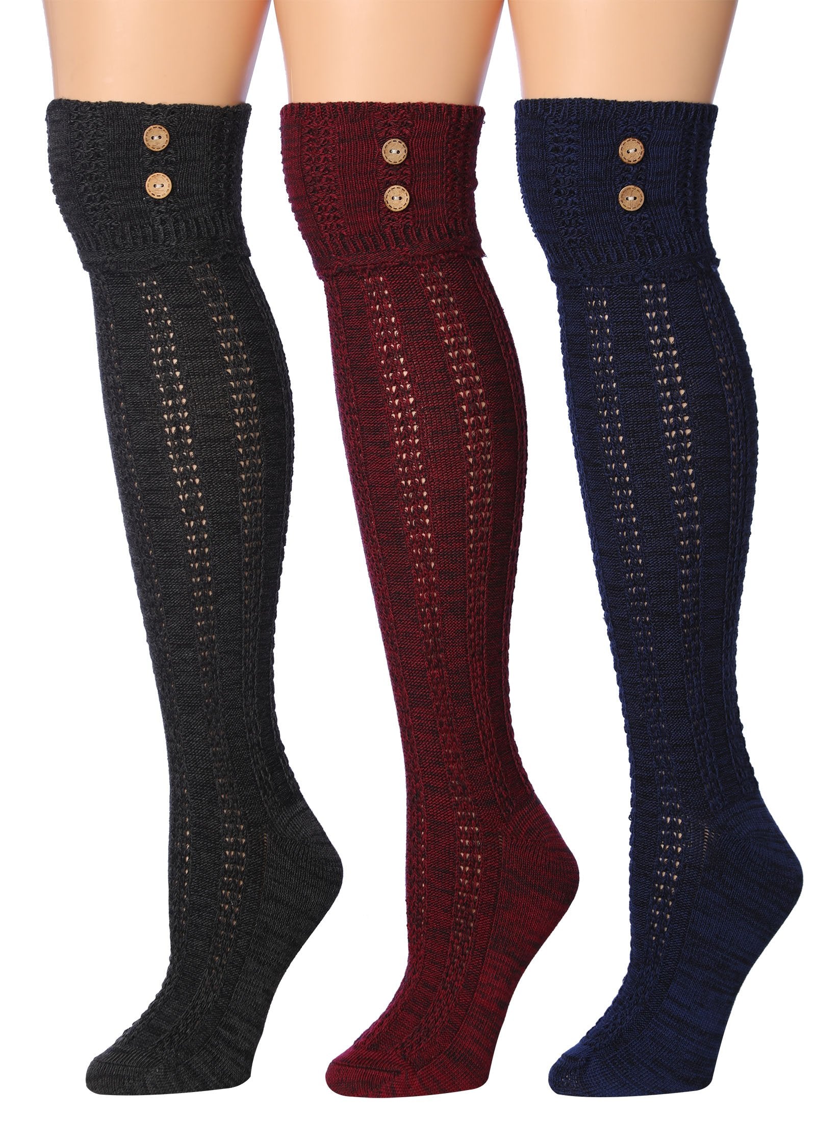 Tipi Toe Women's 3-Pairs Winter Warm Knee High Socks in assorted colors, showcasing their soft cotton-blend fabric and knee-high design.