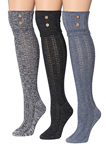 Tipi Toe Women's 3-Pairs Winter Warm Knee High Socks in assorted colors, showcasing their soft cotton-blend fabric and knee-high design.