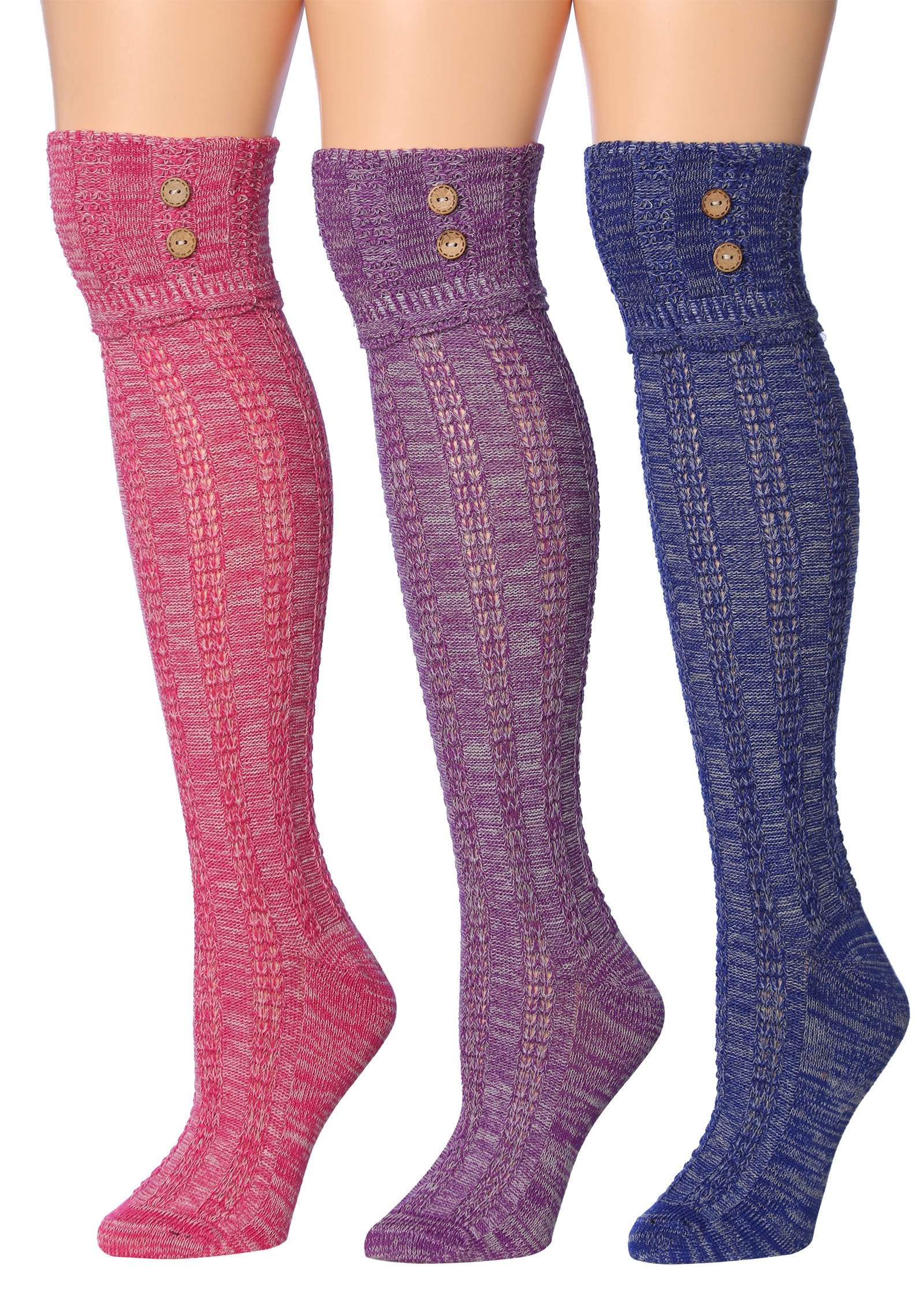 Tipi Toe Women's 3-Pairs Winter Warm Knee High Socks in assorted colors, showcasing their soft cotton-blend fabric and knee-high design.