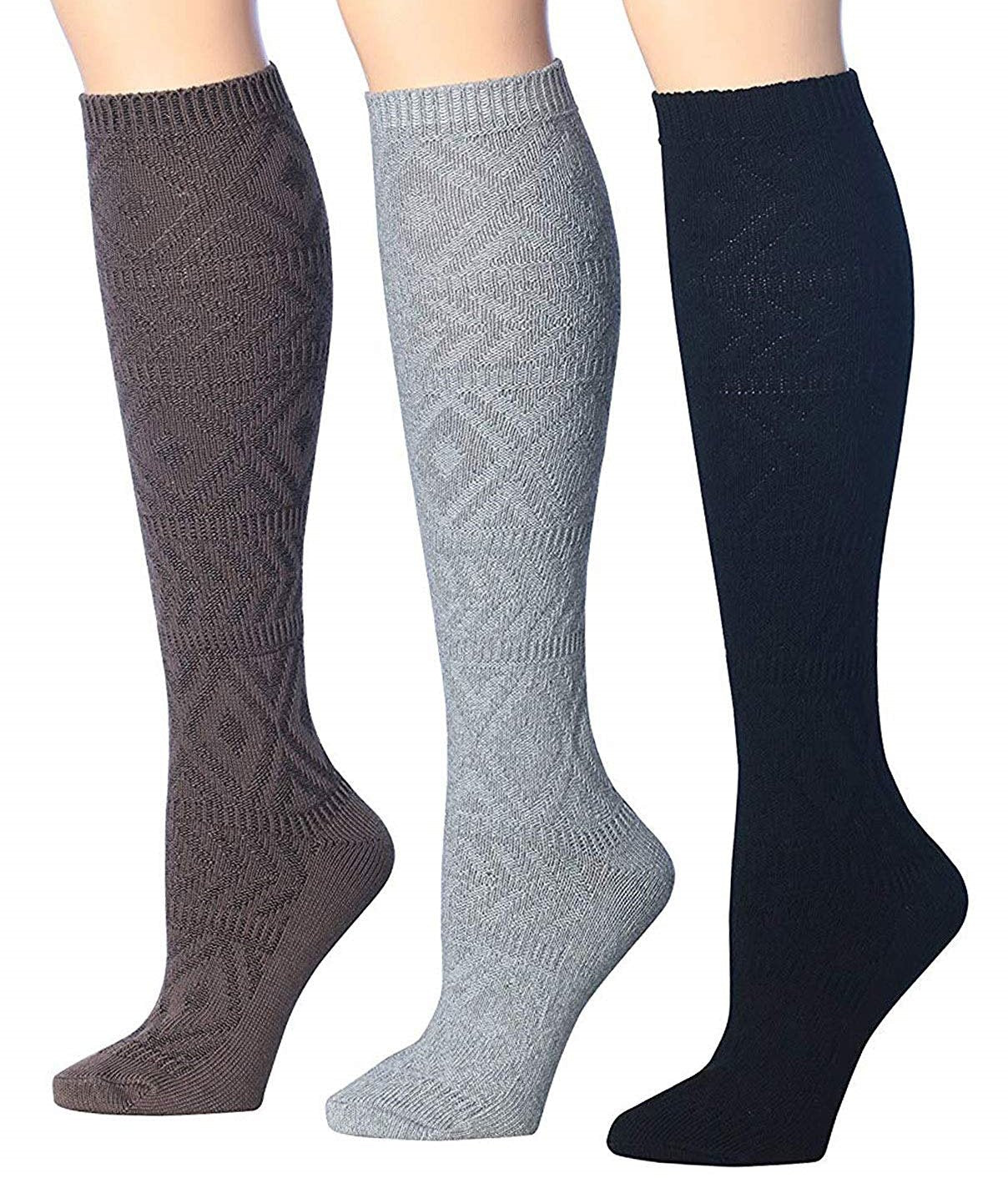 Tipi Toe Women's 3-Pairs Winter Warm Knee High Socks in assorted colors, showcasing their soft cotton-blend fabric and knee-high design.