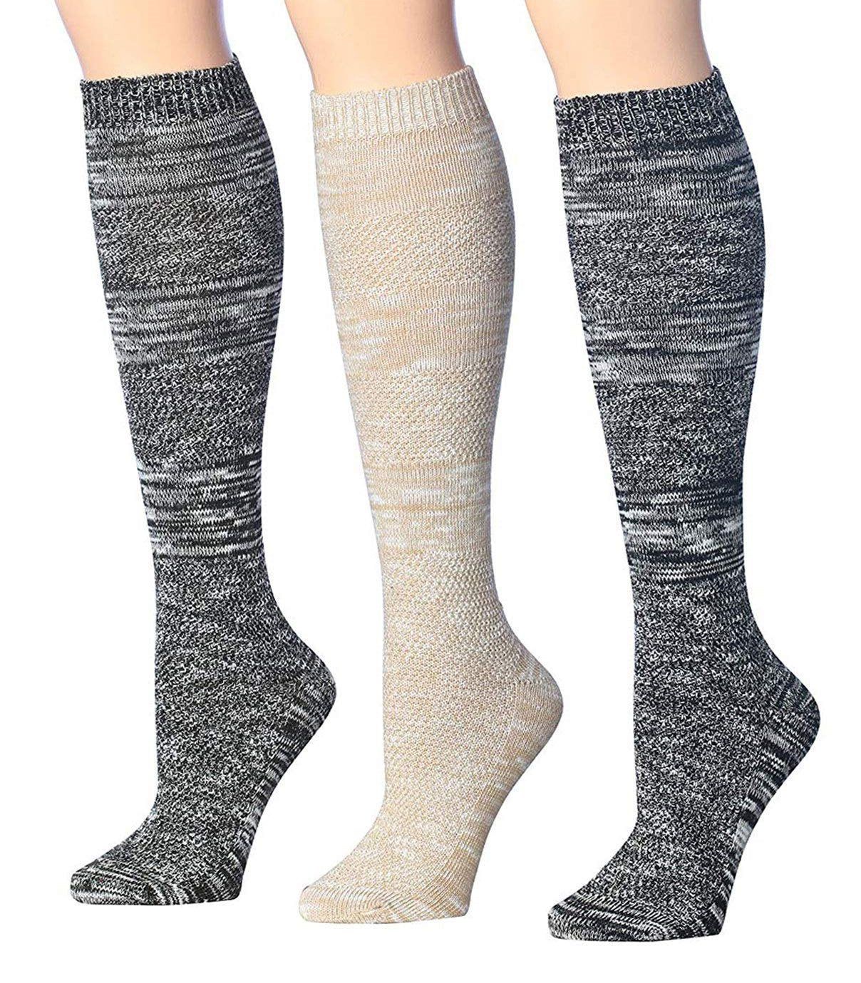 Tipi Toe Women's 3-Pairs Winter Warm Knee High Socks in assorted colors, showcasing their soft cotton-blend fabric and knee-high design.