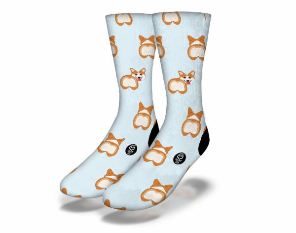 A pair of CORGI BUTTS Funny Dog Socks featuring a playful cartoon corgi butt design, perfect for pet lovers.