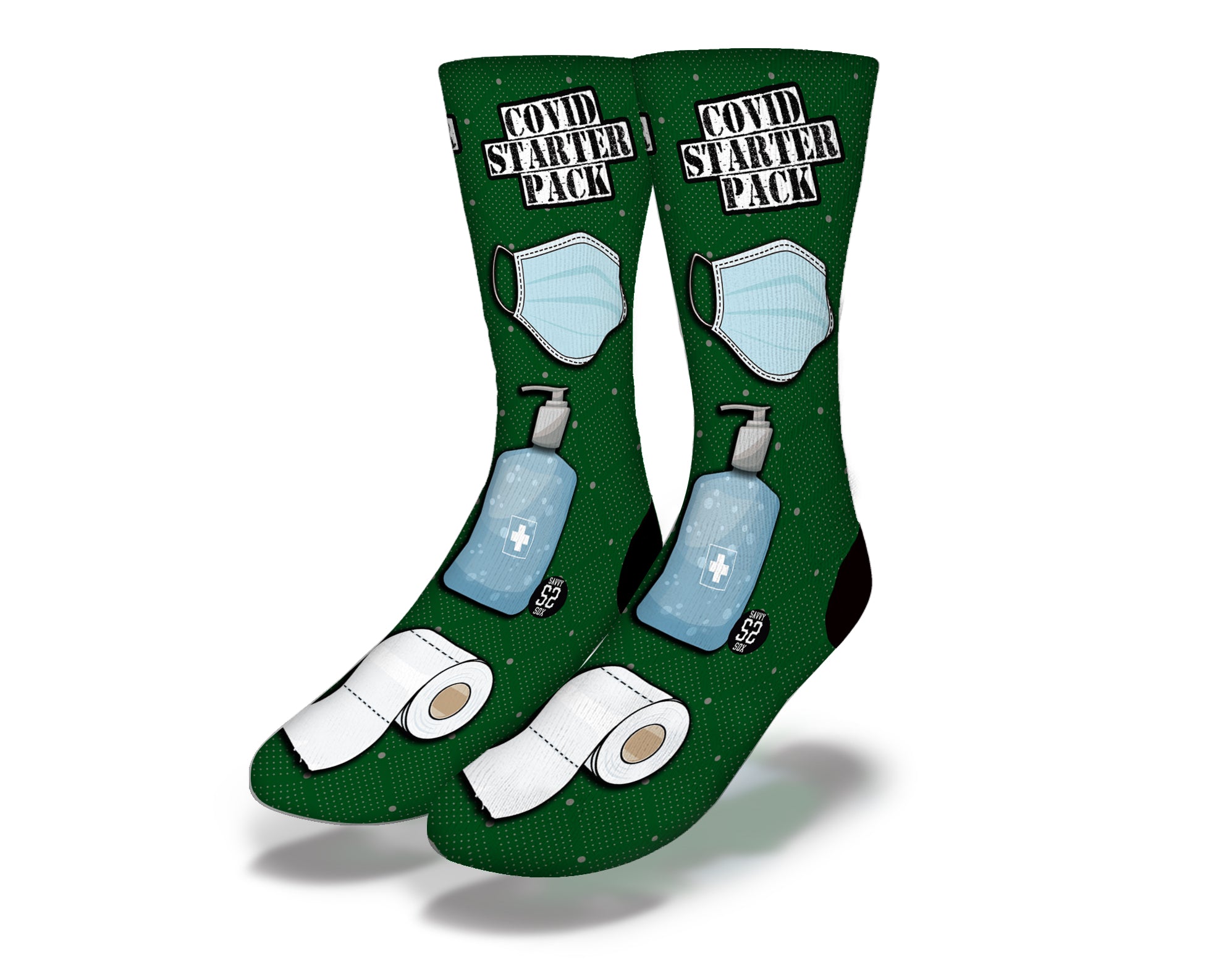 A pair of green COVID Starter Pack funny quarantine socks featuring humorous designs, perfect for adding fun to your lockdown lifestyle.