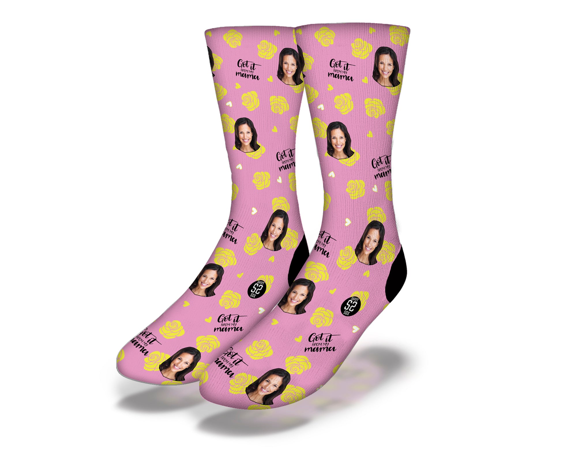 Custom Got it from my Mama Pink Socks featuring personalized images on a vibrant pink background.