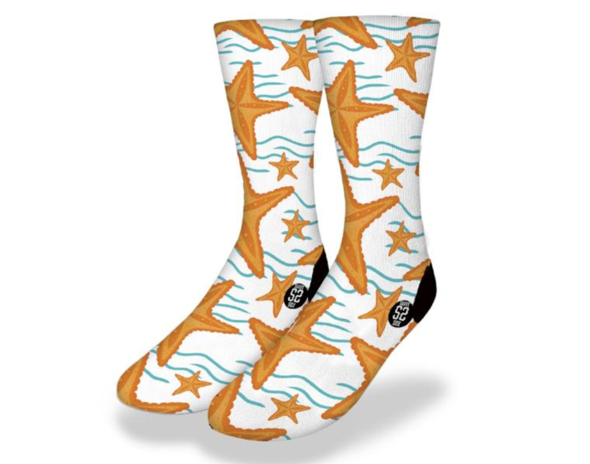 Cute orange starfish socks with aqua wave pattern, perfect for beach lovers and fun family activities.