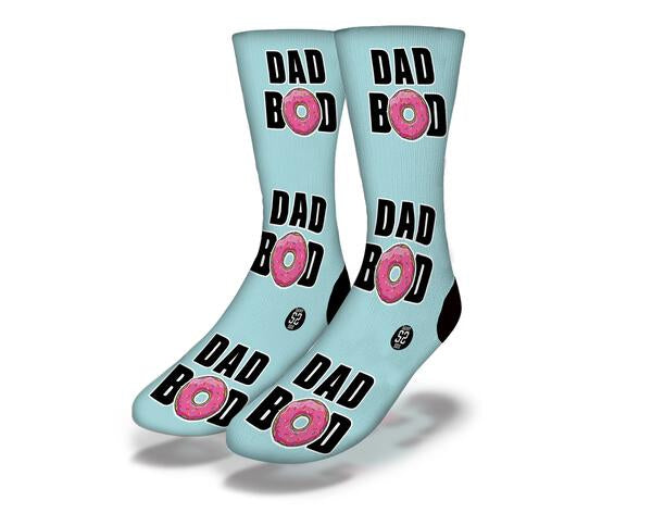 DAD BOD OUT OF THE BLUE Funny Dad Socks featuring a humorous design celebrating fatherhood and donuts.