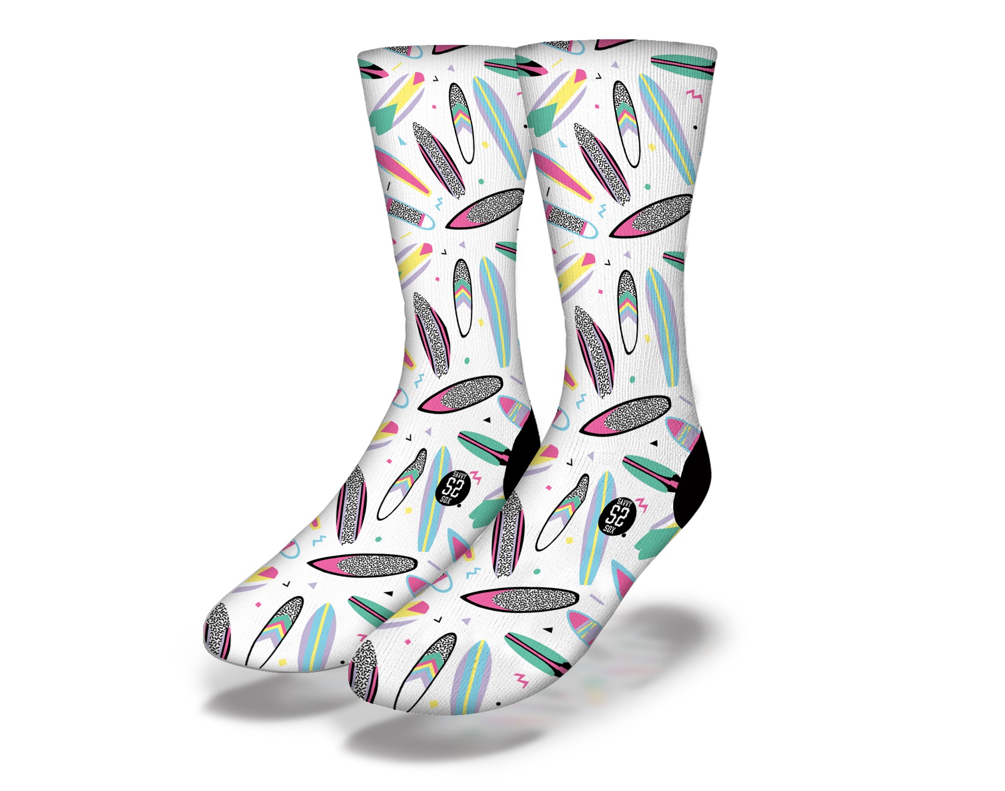Colorful DIFFERENT STROKES SURFBOARDS Fun Surfing Socks featuring cartoon surfboards and marine life designs, perfect for beach lovers.