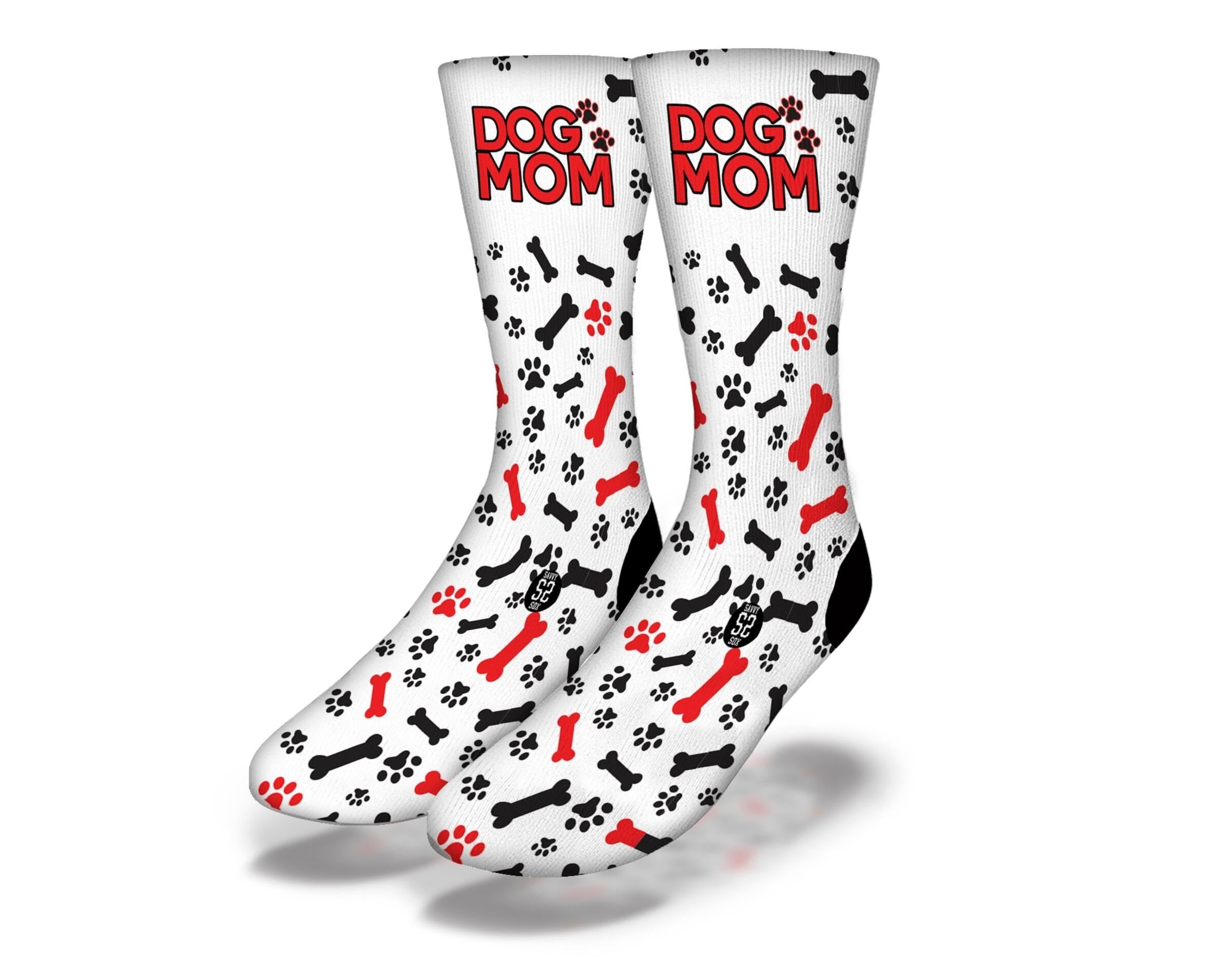 A pair of DOG MOM Cute Paw Print Animal Socks featuring red and black paw prints and doggie bones, perfect for pet lovers.