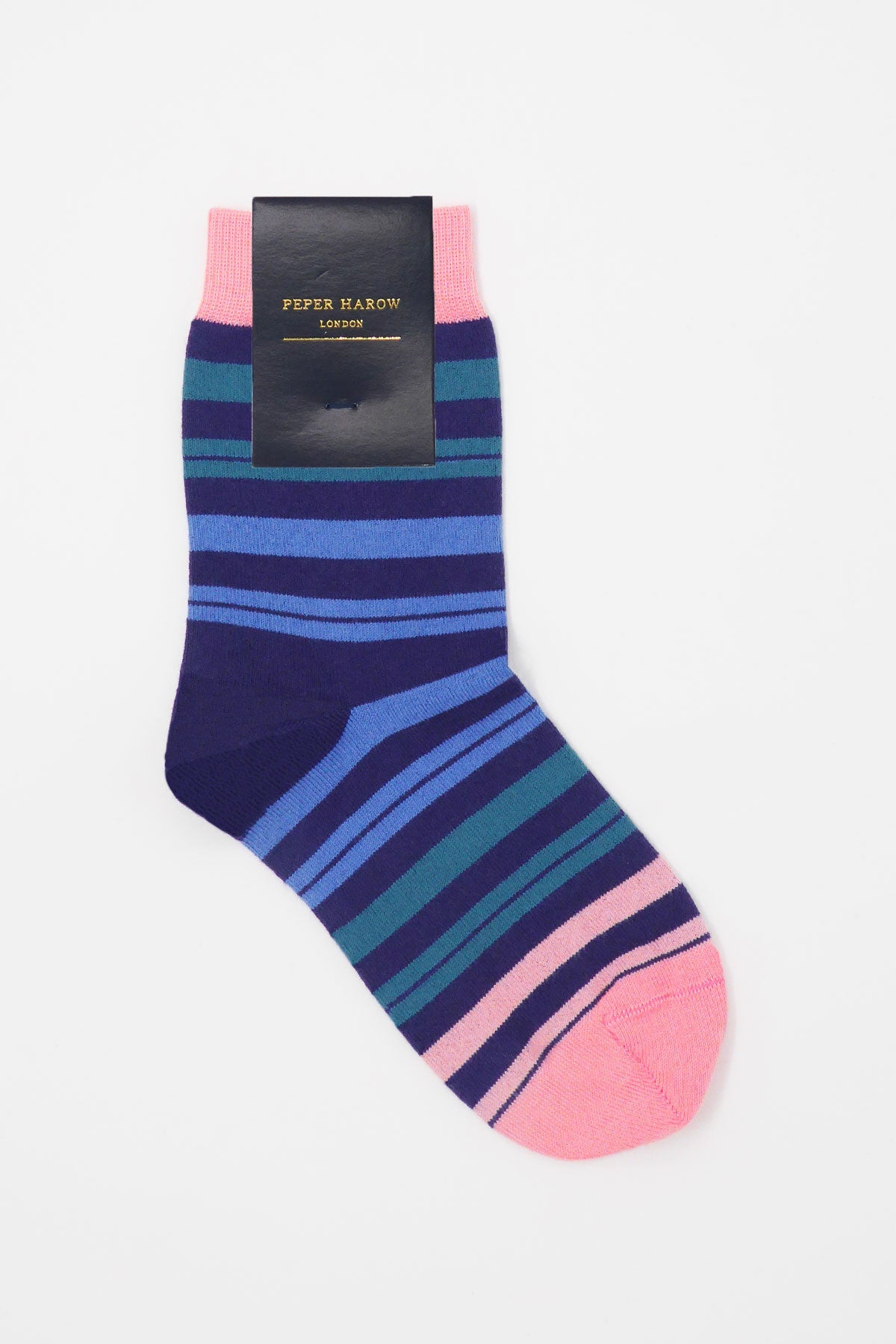Elizabeth Women's Socks in Blueberry featuring vibrant blue, teal, and pink stripes, made from luxurious Supima cotton.