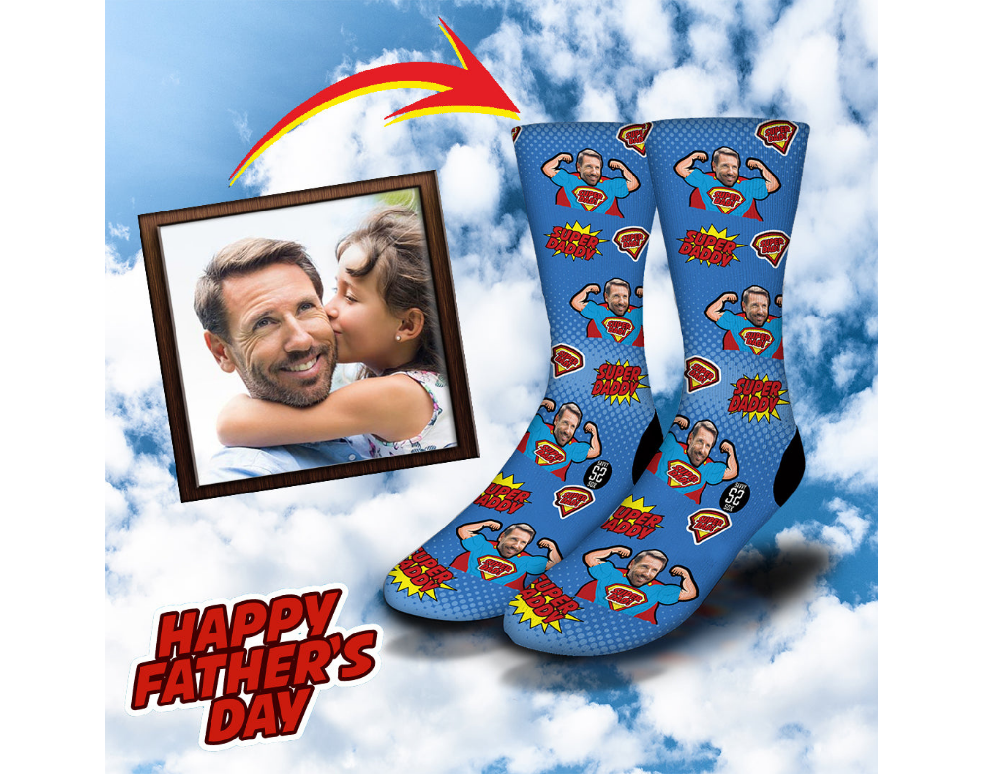 Custom Super Dad socks featuring a personalized image, perfect for Father's Day gifts.