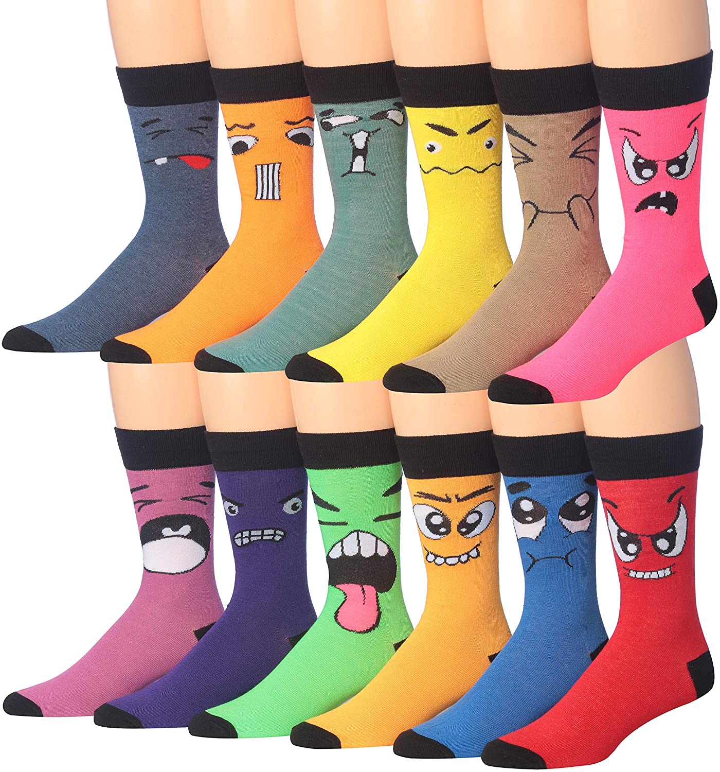 Fiallo Men's 12 Pairs Funny Faces Striped Colorful Crew Socks featuring vibrant patterns and unique designs.