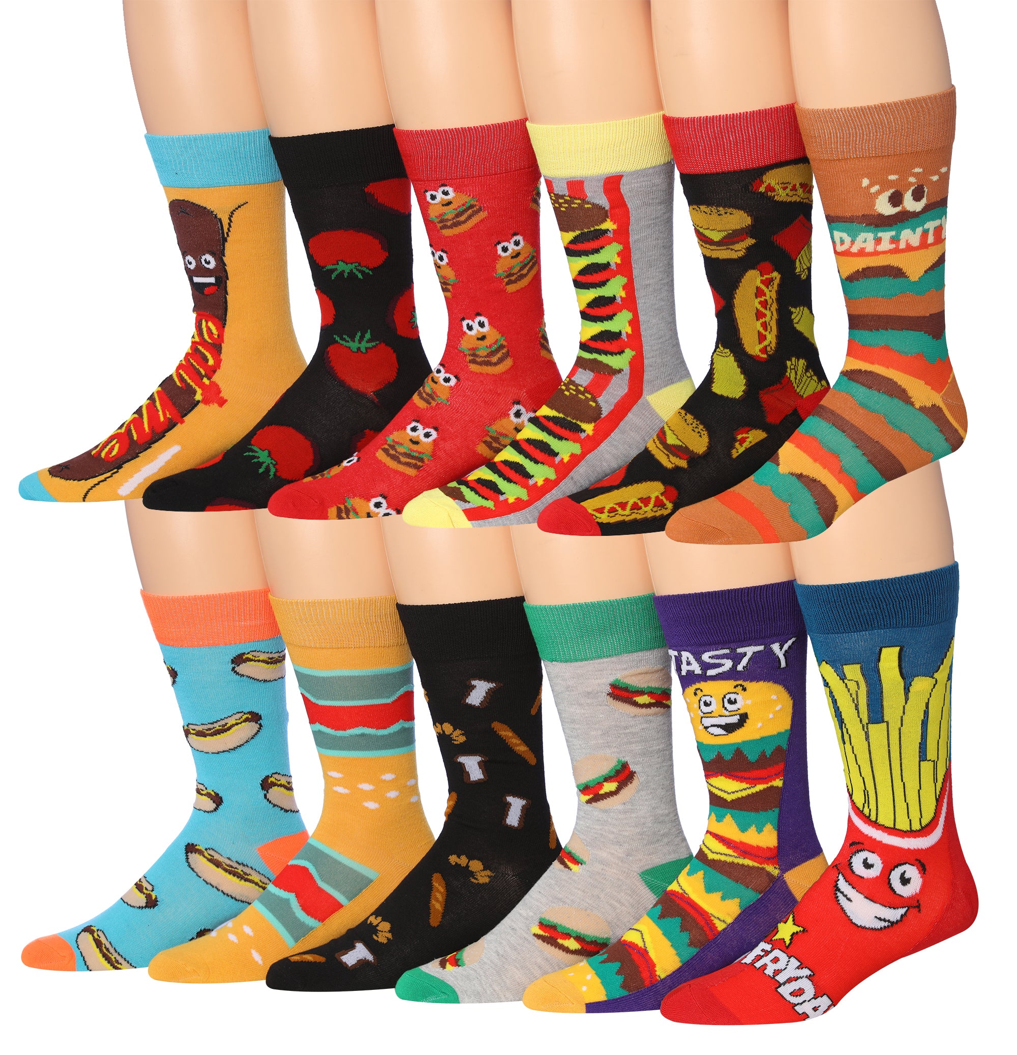 Fiallo Men's 12 Pairs Funny Faces Striped Colorful Crew Socks featuring vibrant patterns and unique designs.