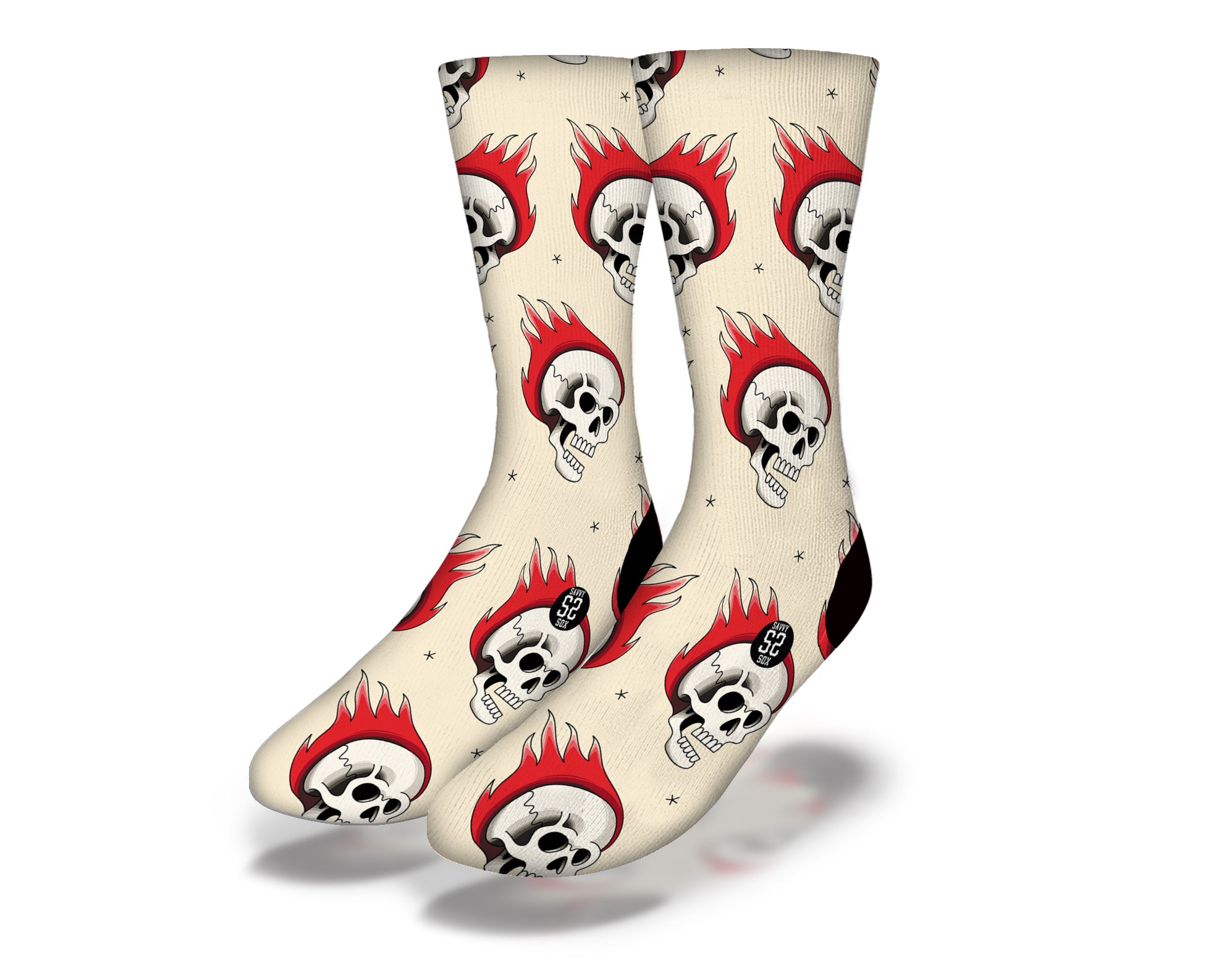 FIRE SKULLS Old School Tattoo Halloween Socks featuring flaming skull designs, perfect for bikers and Halloween costumes.