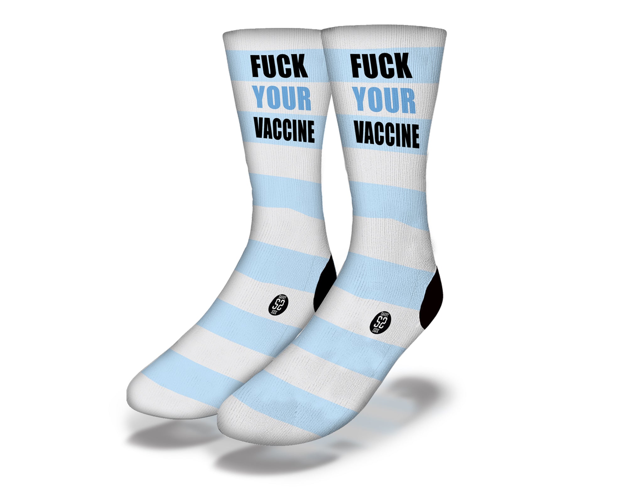 F**K YOUR VACCINE *EXPLICIT* Funny Coronavirus Novelty Socks featuring bold text and colorful design, perfect for expressing humor during the pandemic.