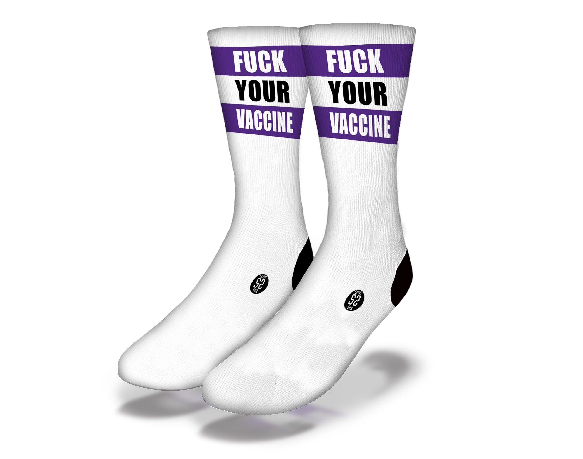 Purple novelty socks with explicit message about vaccines, featuring a fun and humorous design perfect for quarantine life.