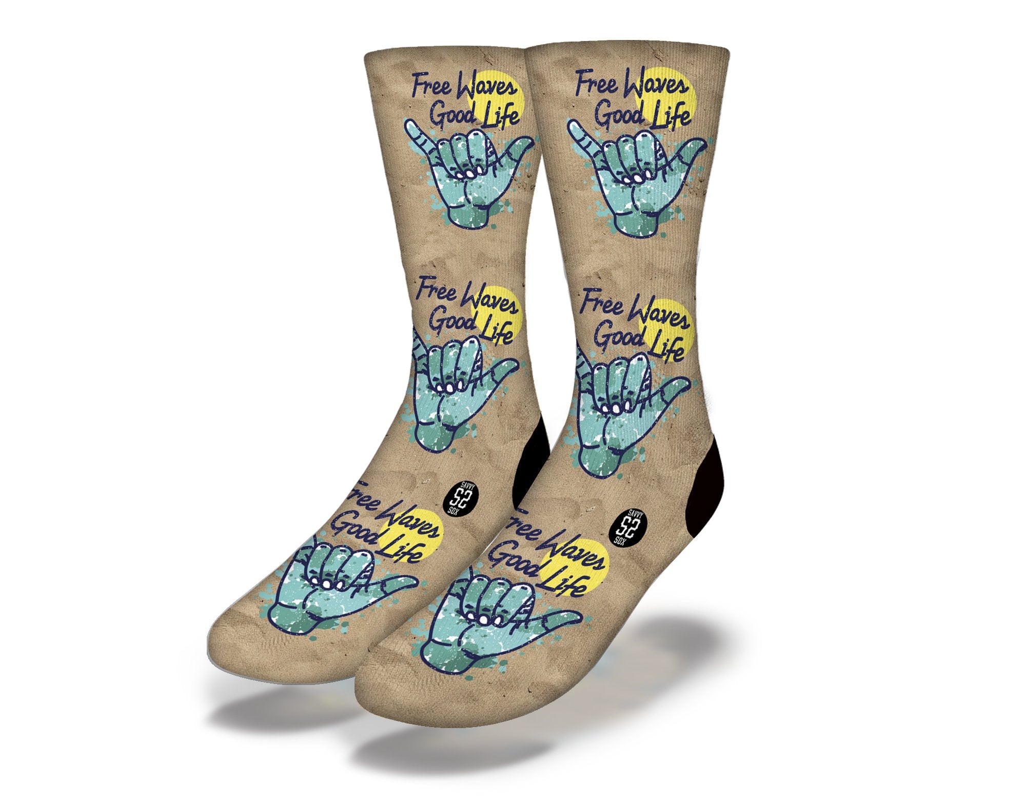 FREE WAVES GOOD LIFE Fun Surfing Socks featuring ocean creatures and a shaka hand sign, perfect for beach lovers.