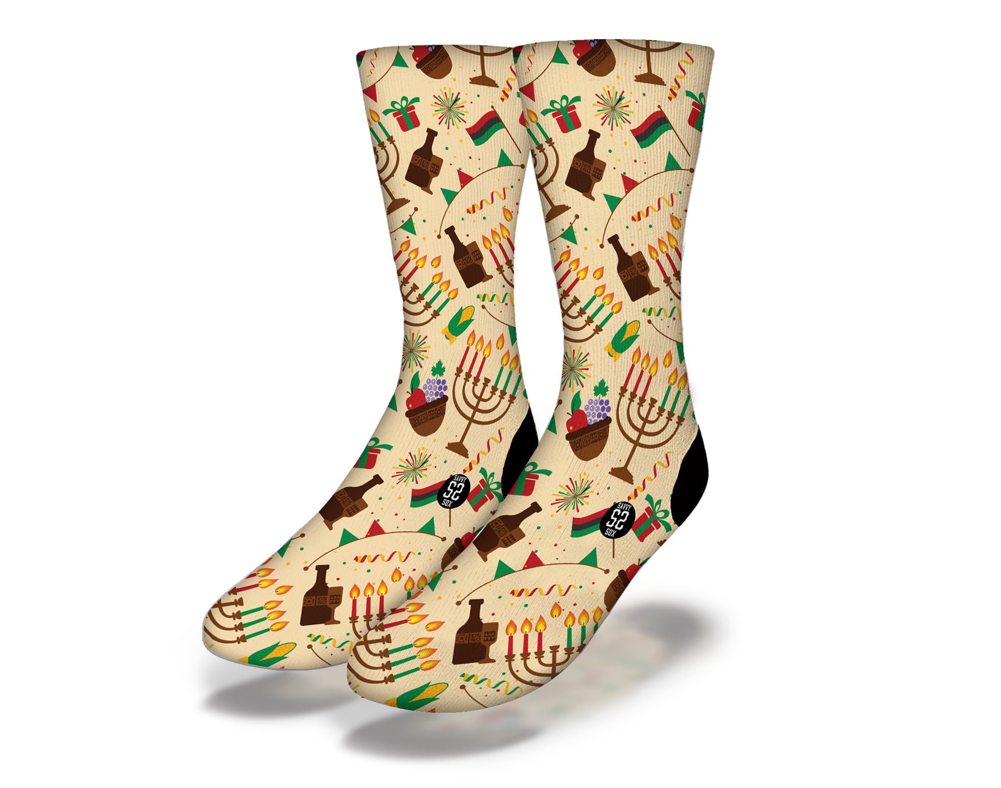 Beige socks featuring Kwanzaa holiday symbols like Kinara and gifts, vibrant colors on a festive background.