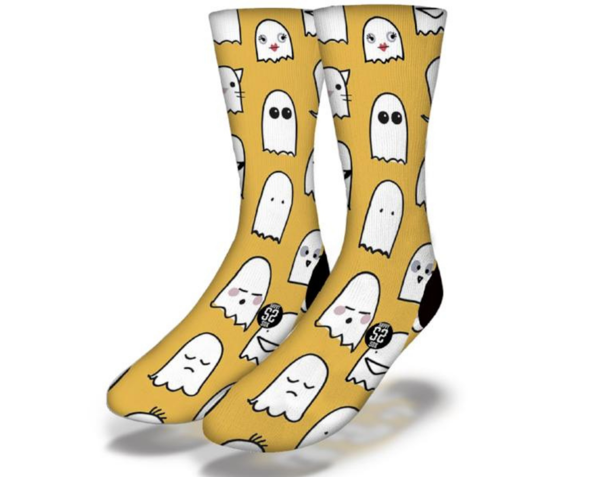 GHOST GANG Silly Ghost Emoji Halloween Socks featuring playful ghost emojis, perfect for Halloween costumes and fun occasions.