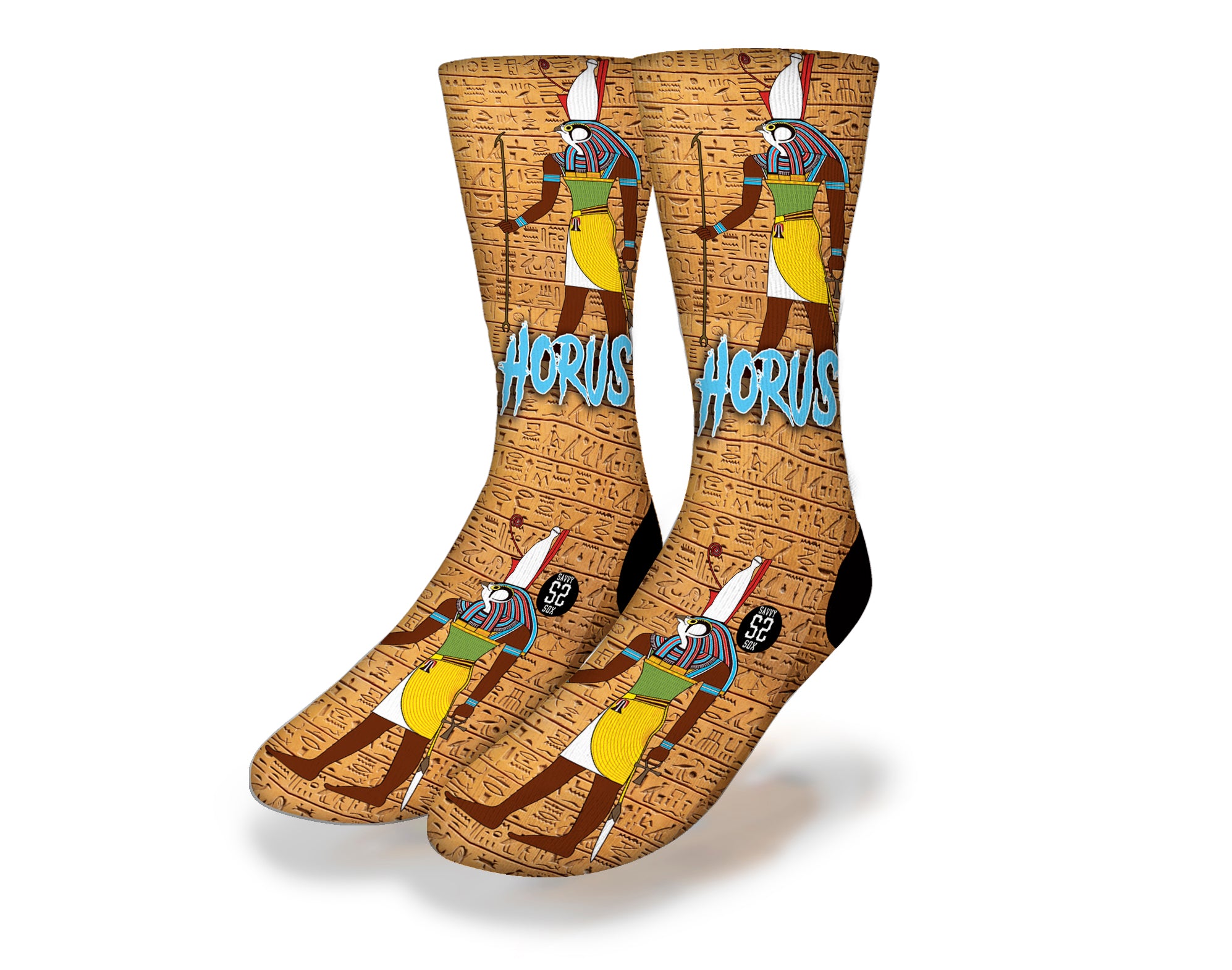 Golden Horus Egyptian God socks featuring vibrant colors and intricate designs, perfect for cultural enthusiasts and travelers.