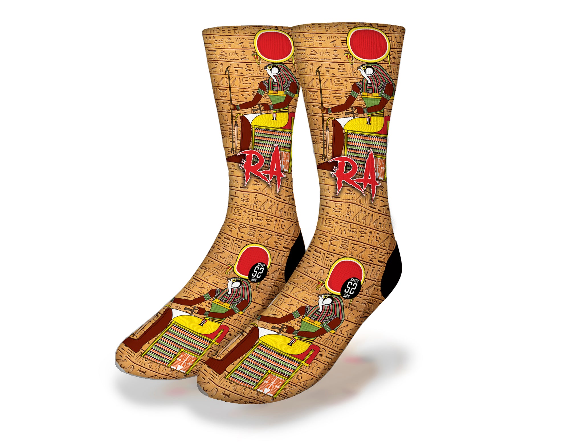 GOLDEN RA Egyptian God socks featuring vibrant colors and intricate designs, perfect for cultural enthusiasts.