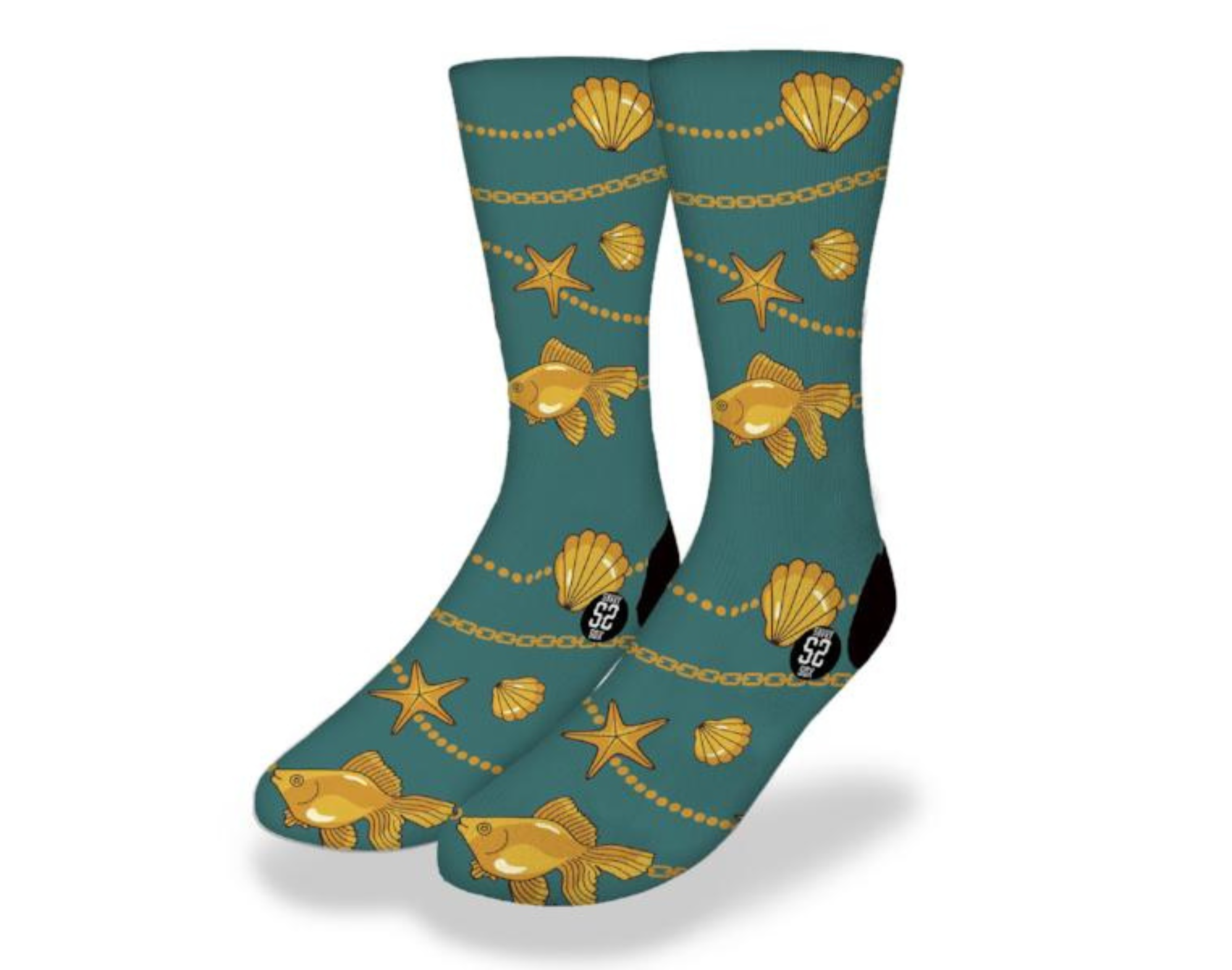 A pair of vibrant aqua socks featuring goldfish, starfish, and decorative gold chains, perfect for ocean lovers.