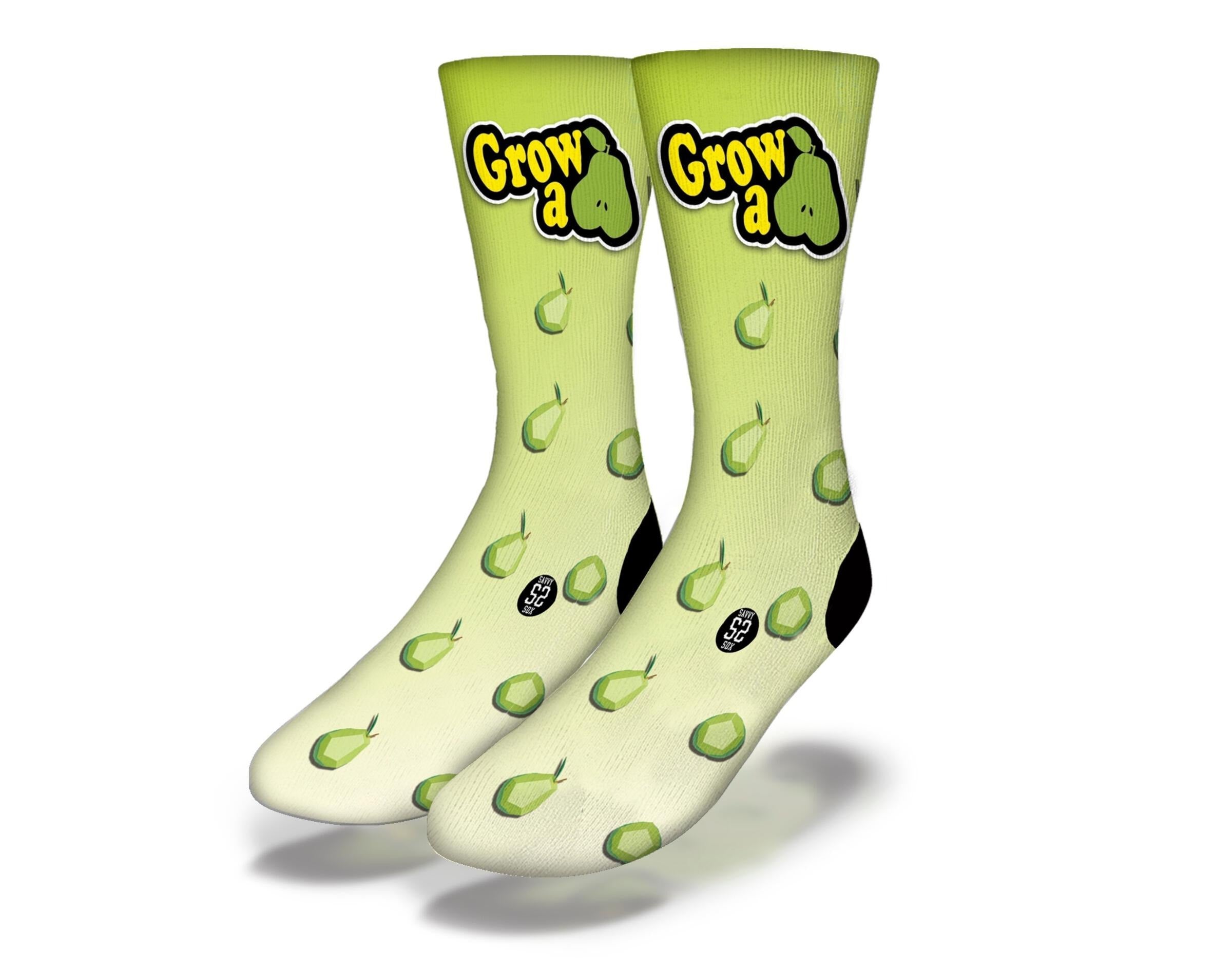 A pair of colorful socks featuring a playful pear design, showcasing vibrant colors and a fun pattern.