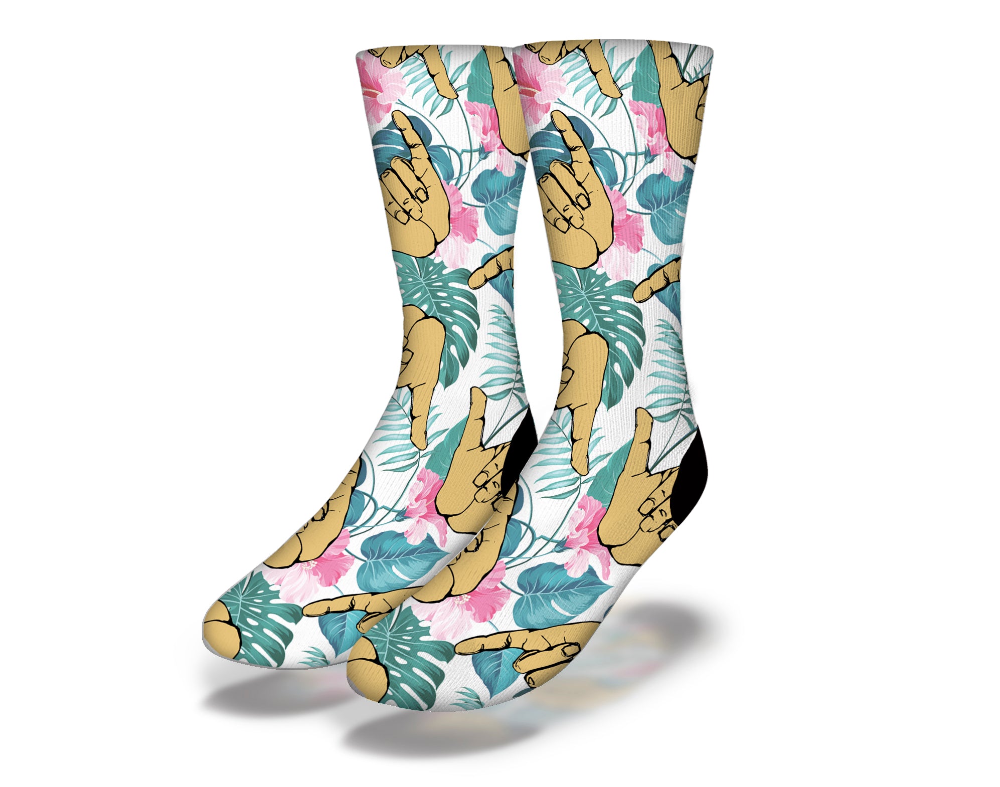 HANG LOOSE TROPICAL Fun Surfing Socks featuring ocean creatures and the shaka hand sign, perfect for beach lovers.