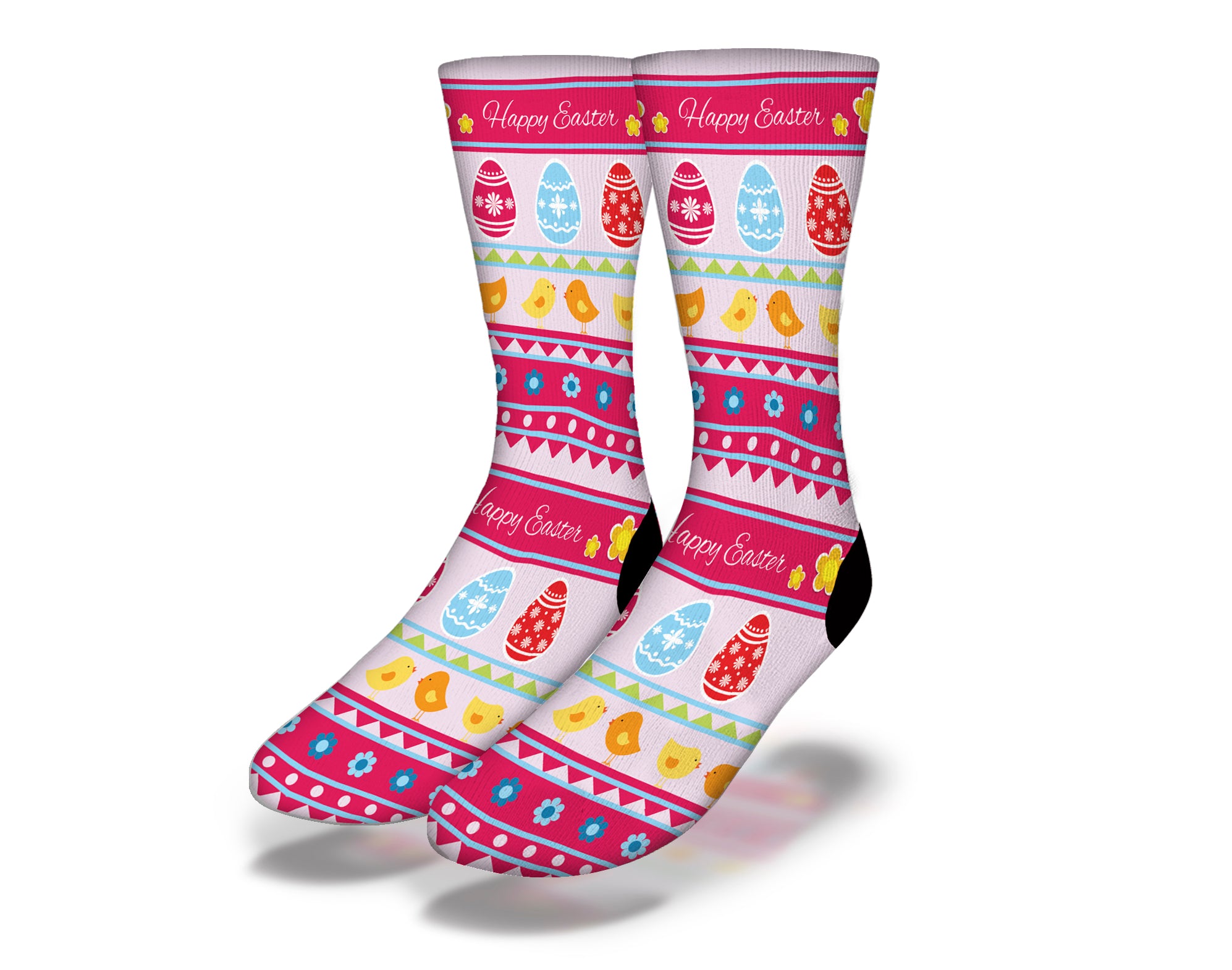 Colorful HAPPY EASTER EGGS & PEEPS Cute Easter Socks featuring a striped pattern with Easter eggs and chicks.
