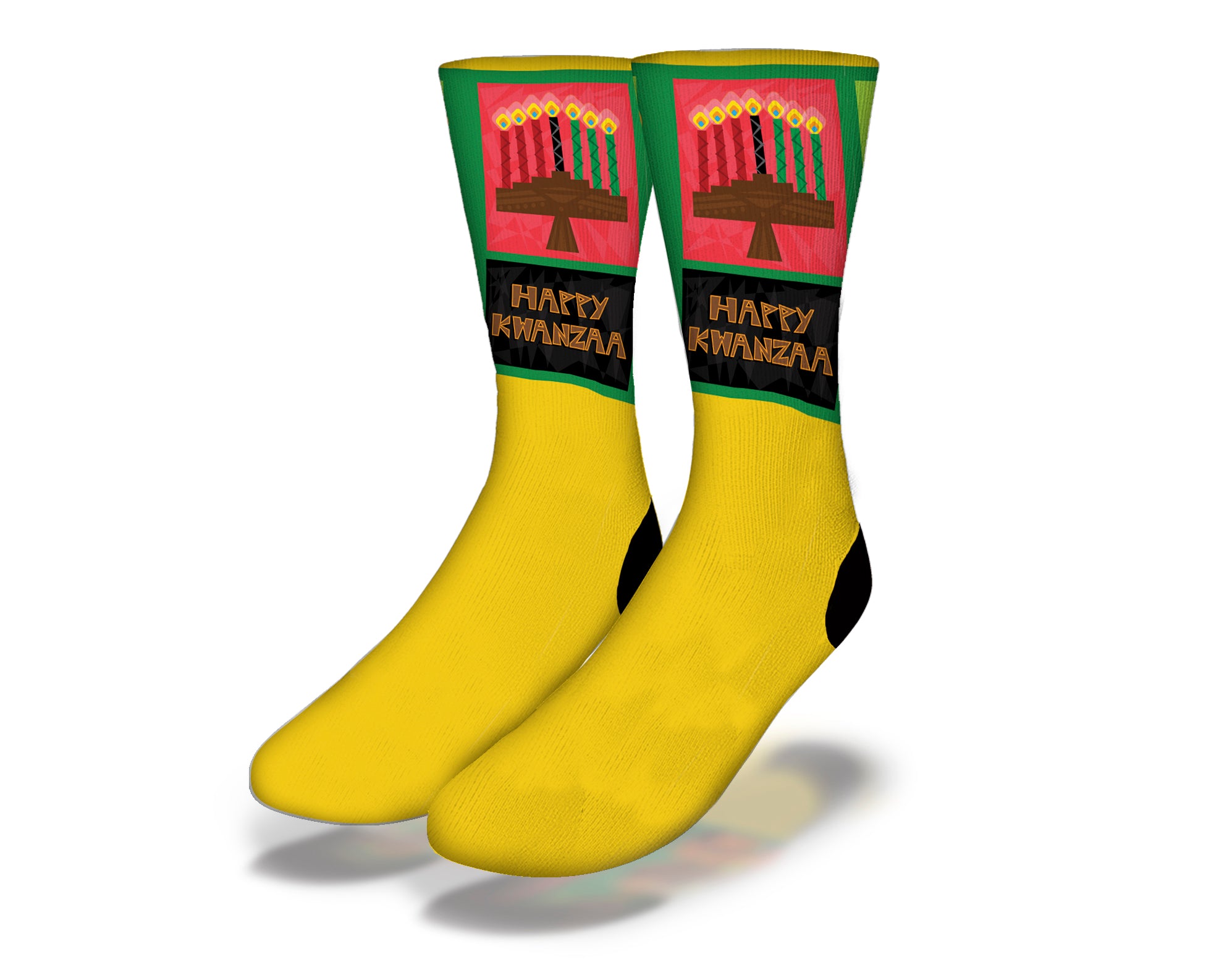 Colorful Kwanzaa holiday socks featuring green and yellow color blocking, perfect for festive celebrations.