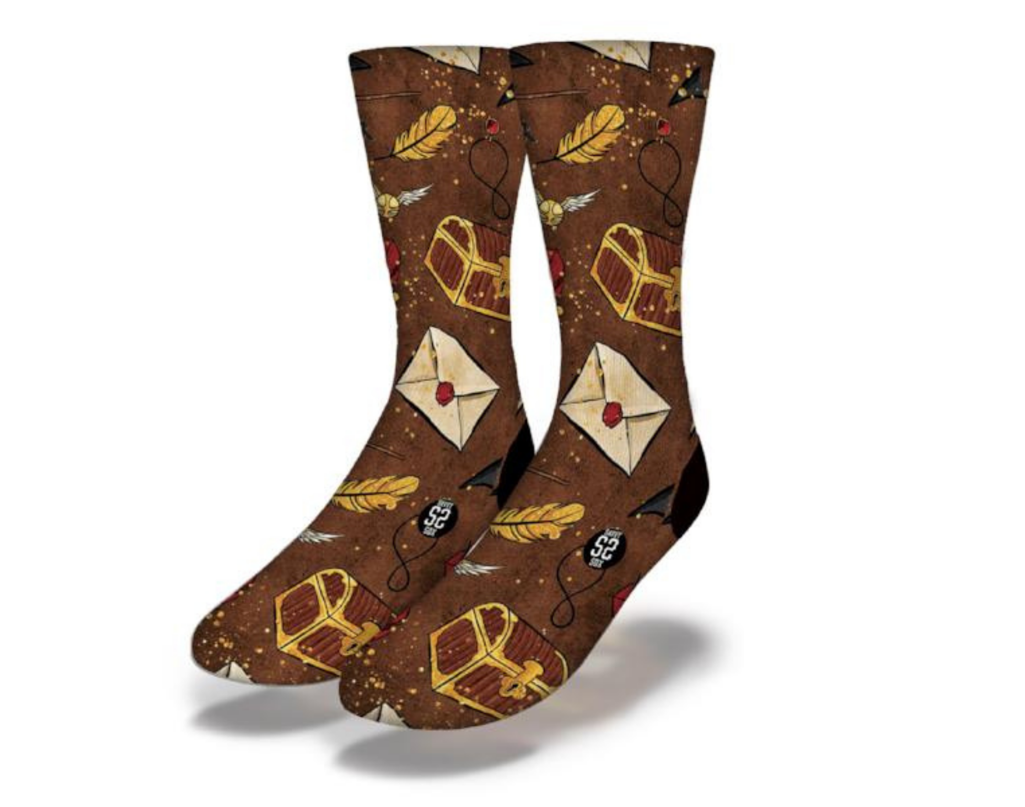A pair of Harry Potter inspired socks featuring colorful designs of cards and tricks, perfect for fans of the series.