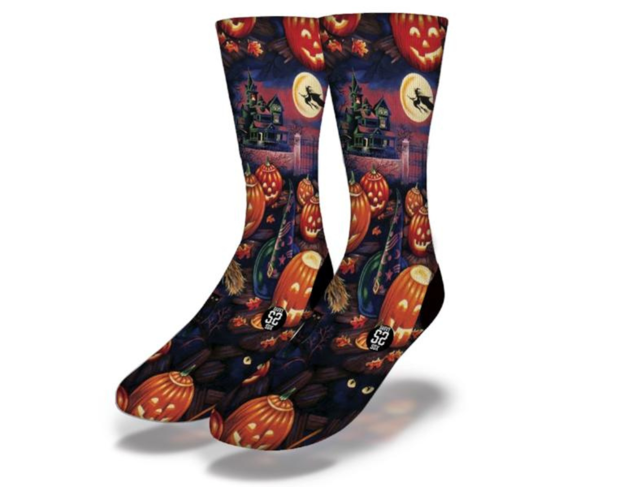 Haunted Pumpkin Patch Halloween Socks featuring witches, pumpkins, and jack-o-lanterns in a spooky design.