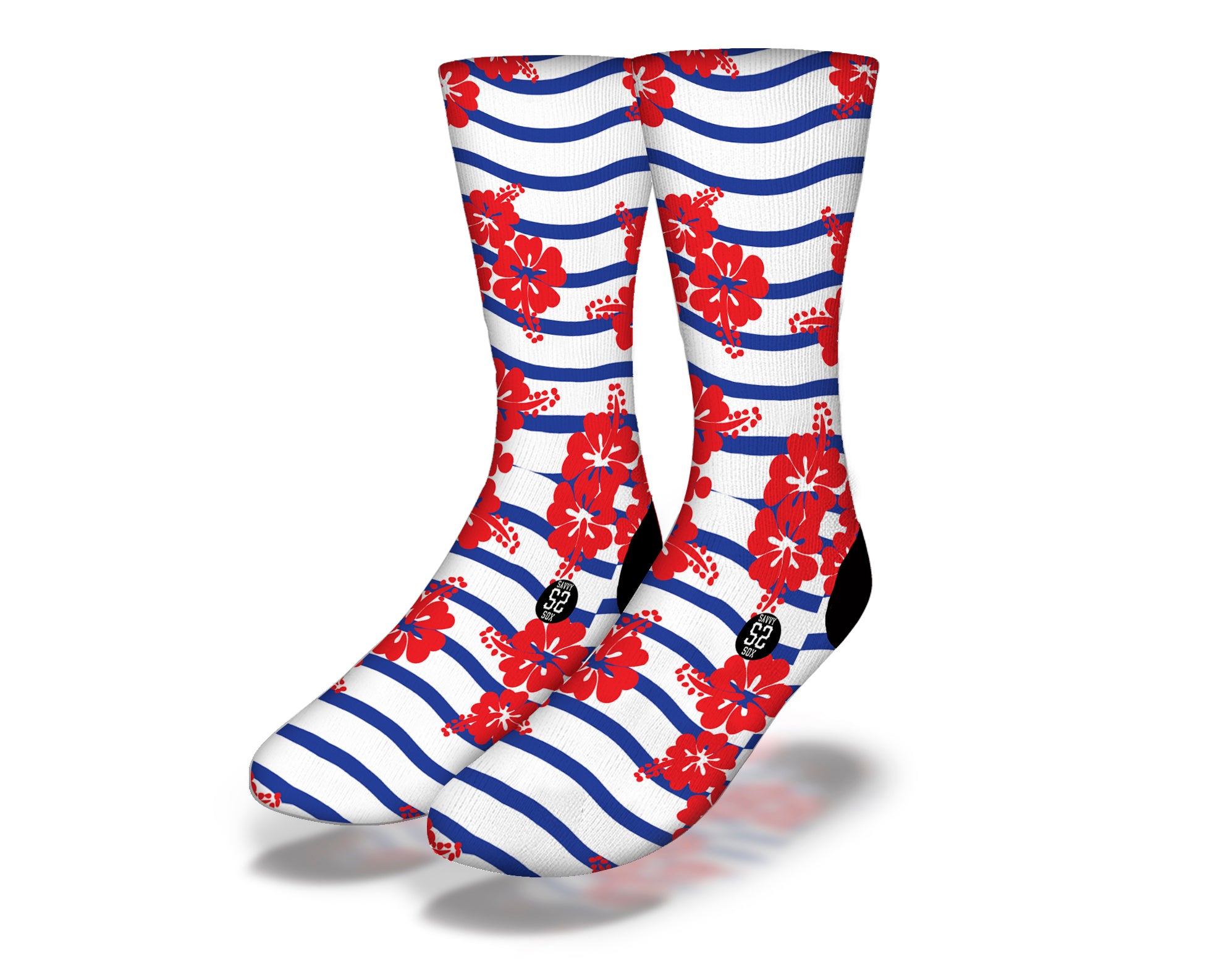 Colorful Hawaiian Hibiscus Striped Waves socks featuring red hibiscus flowers on blue stripes, perfect for beach lovers.