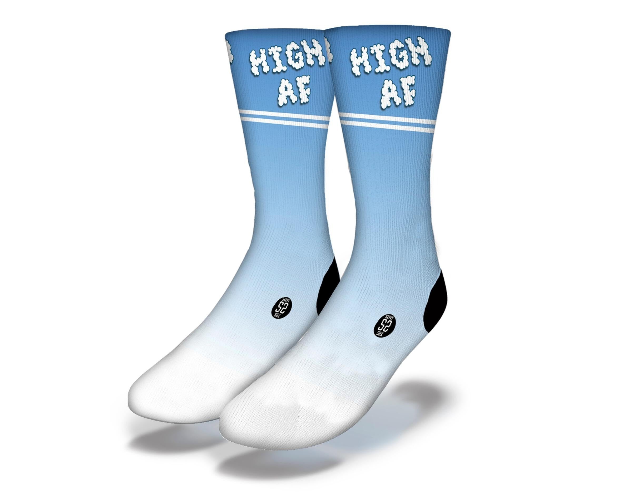HIGH AF SPORTY STRIPES Funny Weed Socks featuring vibrant marijuana leaf designs and sporty stripes, perfect for stoners.