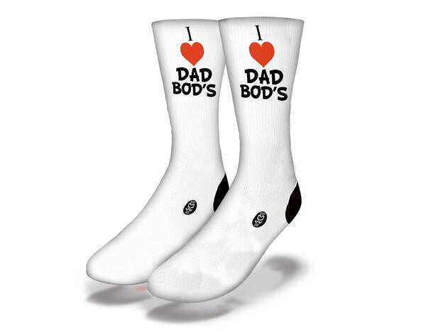 A pair of I HEART DAD BODS Funny Dad Bod Socks featuring a humorous design celebrating dad bods, perfect for gifting.