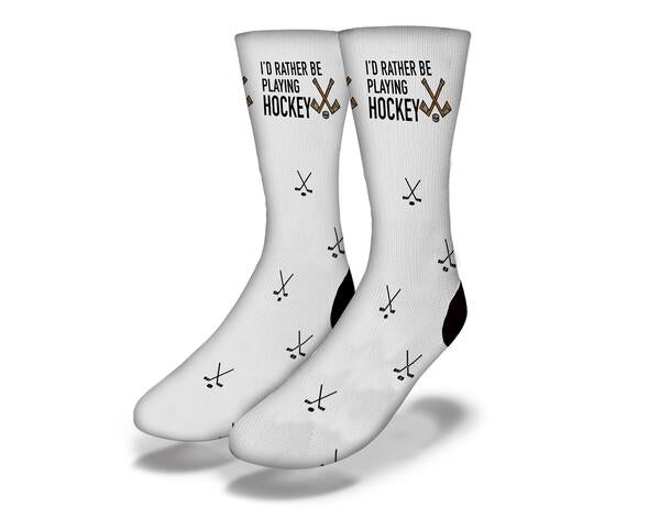 A grey t-shirt featuring the phrase 'I'd Rather Be Playing Hockey' in bold text, perfect for hockey fans.