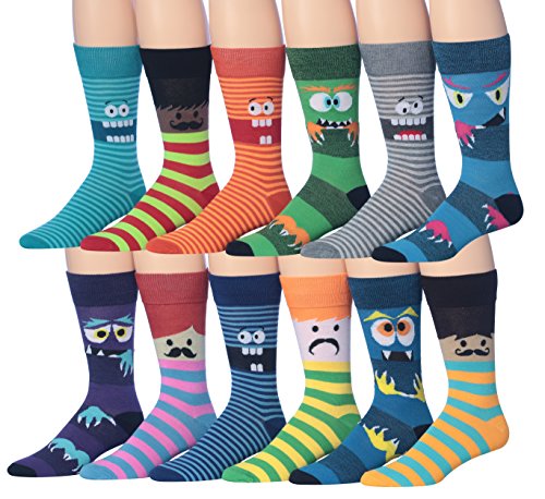 A colorful assortment of James Fiallo men's crew socks featuring funny face designs in vibrant stripes.