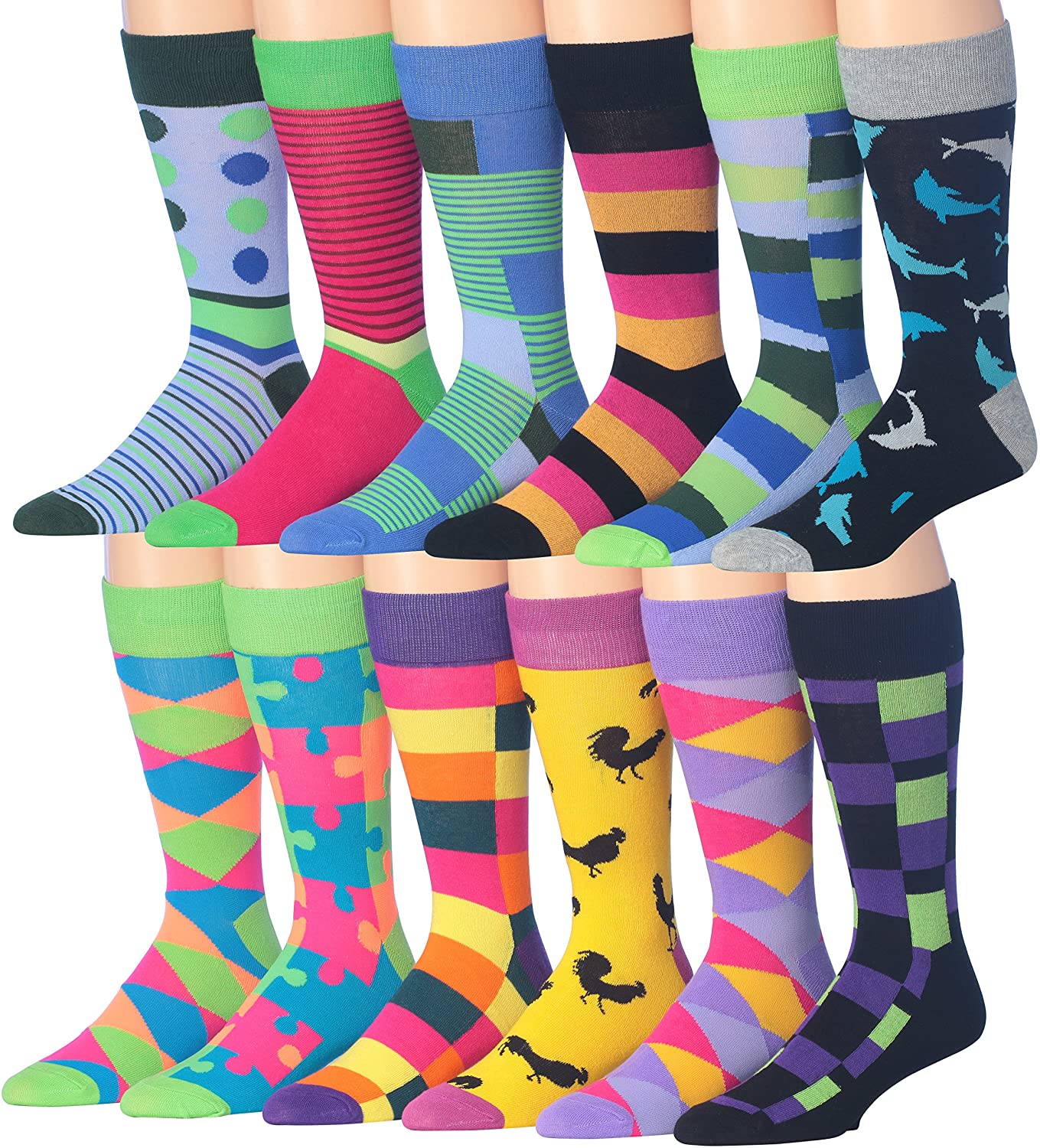 A colorful assortment of James Fiallo men's crew socks featuring funny face designs in vibrant stripes.