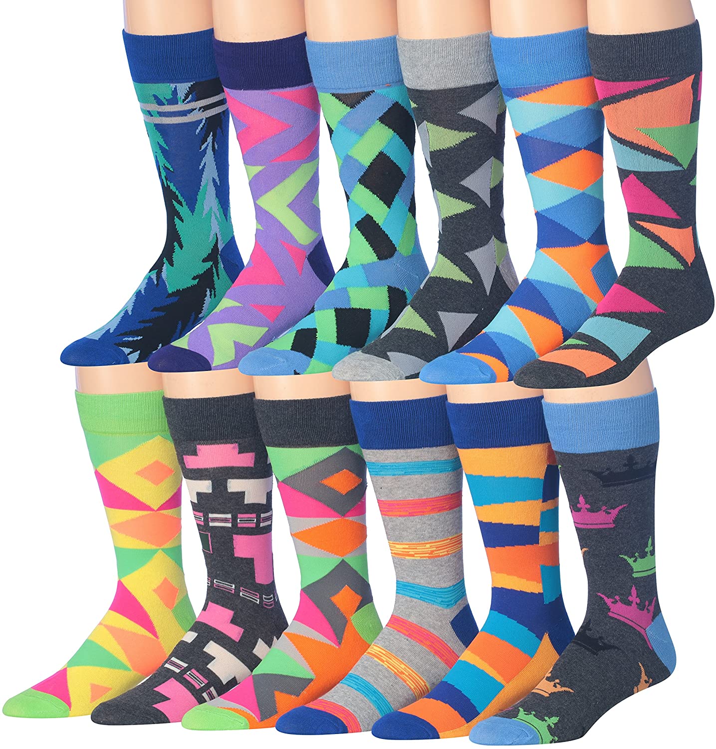 A colorful assortment of James Fiallo men's crew socks featuring funny face designs in vibrant stripes.