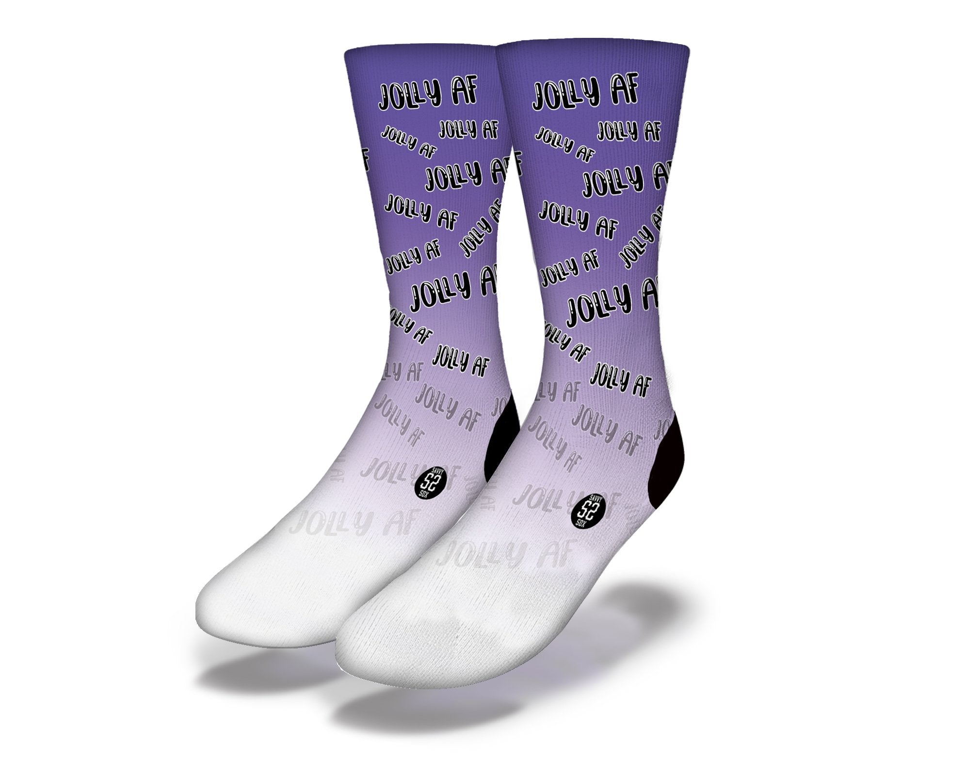 JOLLY AF Funny Christmas Socks in purple, featuring a humorous design perfect for holiday gifting.