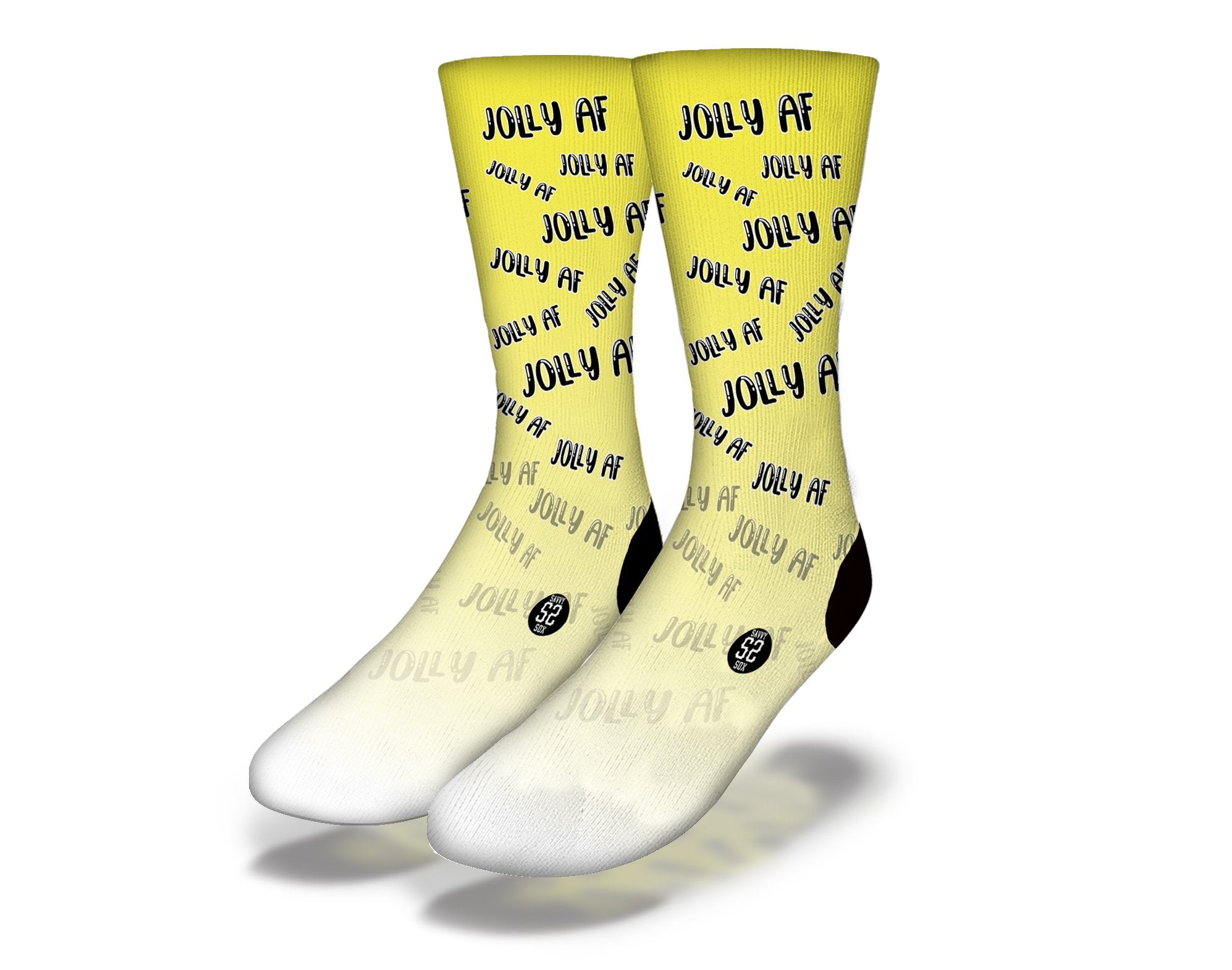 Bright yellow JOLLY AF Funny Christmas Socks with festive design, perfect for holiday gifting and celebrations.
