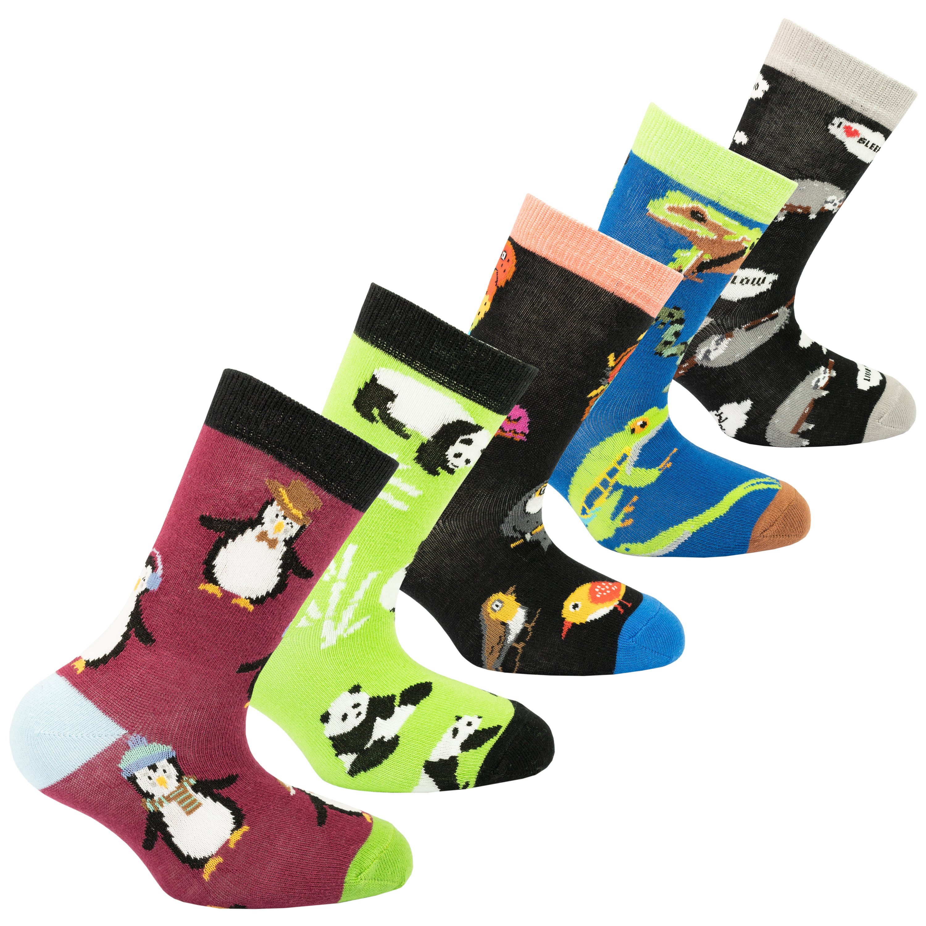Colorful kids socks featuring cute animal designs, made from soft cotton for comfort.
