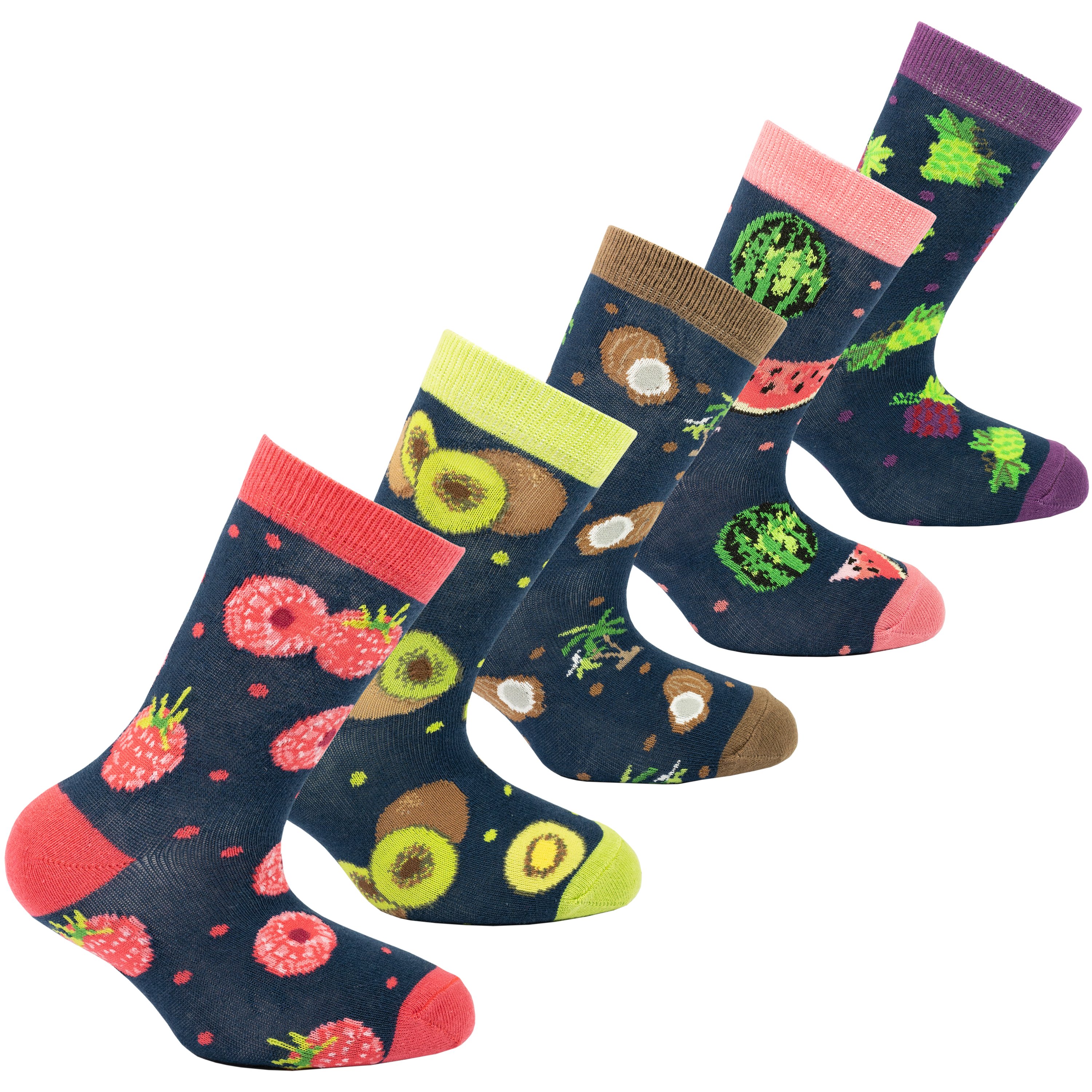 Colorful Kids Juicy Fruits Socks featuring fun fruit patterns, perfect for stylish and comfortable wear.