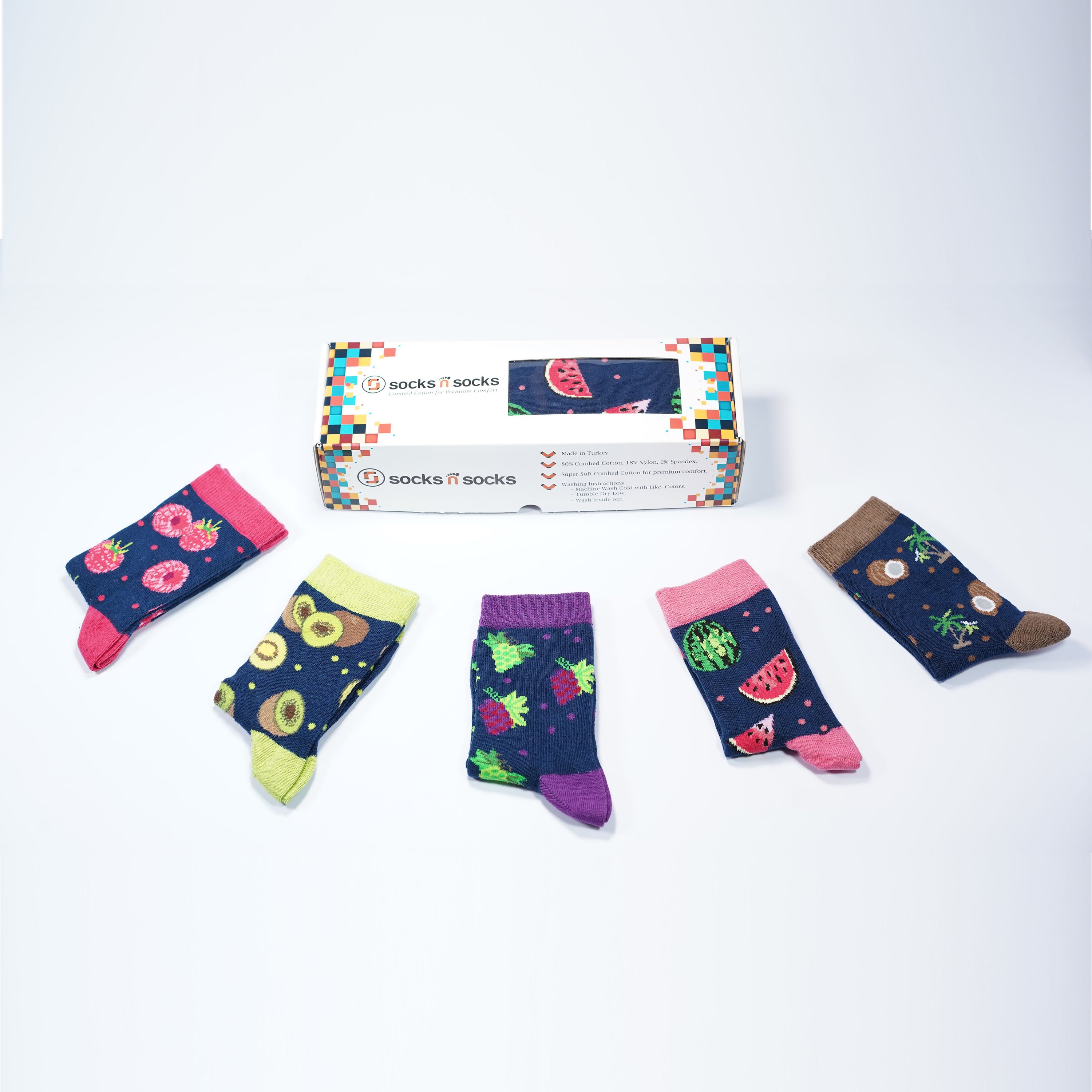 Colorful Kids Juicy Fruits Socks featuring fun fruit patterns, perfect for stylish and comfortable wear.