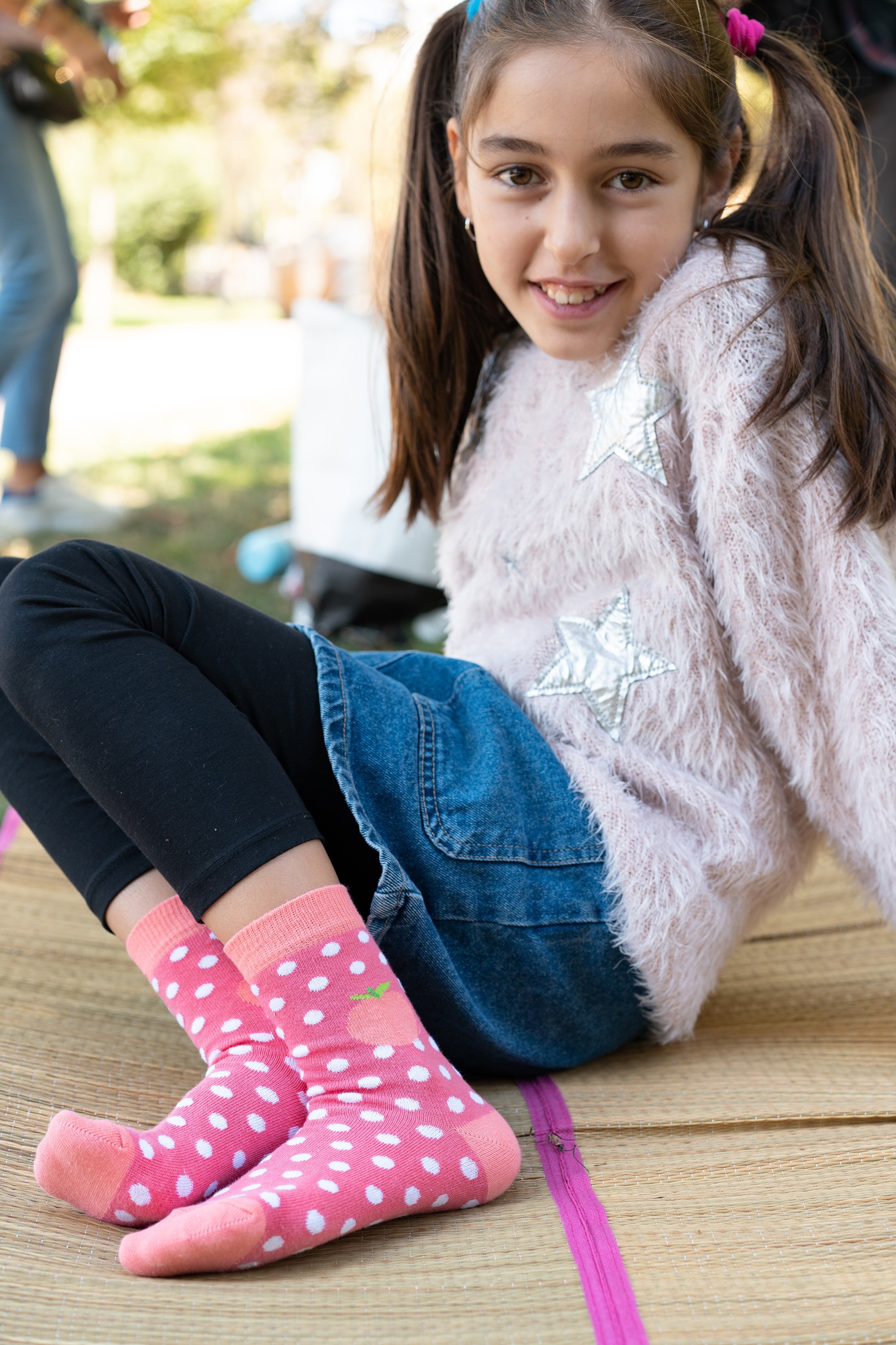 Kids Peach Dot Socks featuring a colorful and fun design, made from soft cotton for comfort.