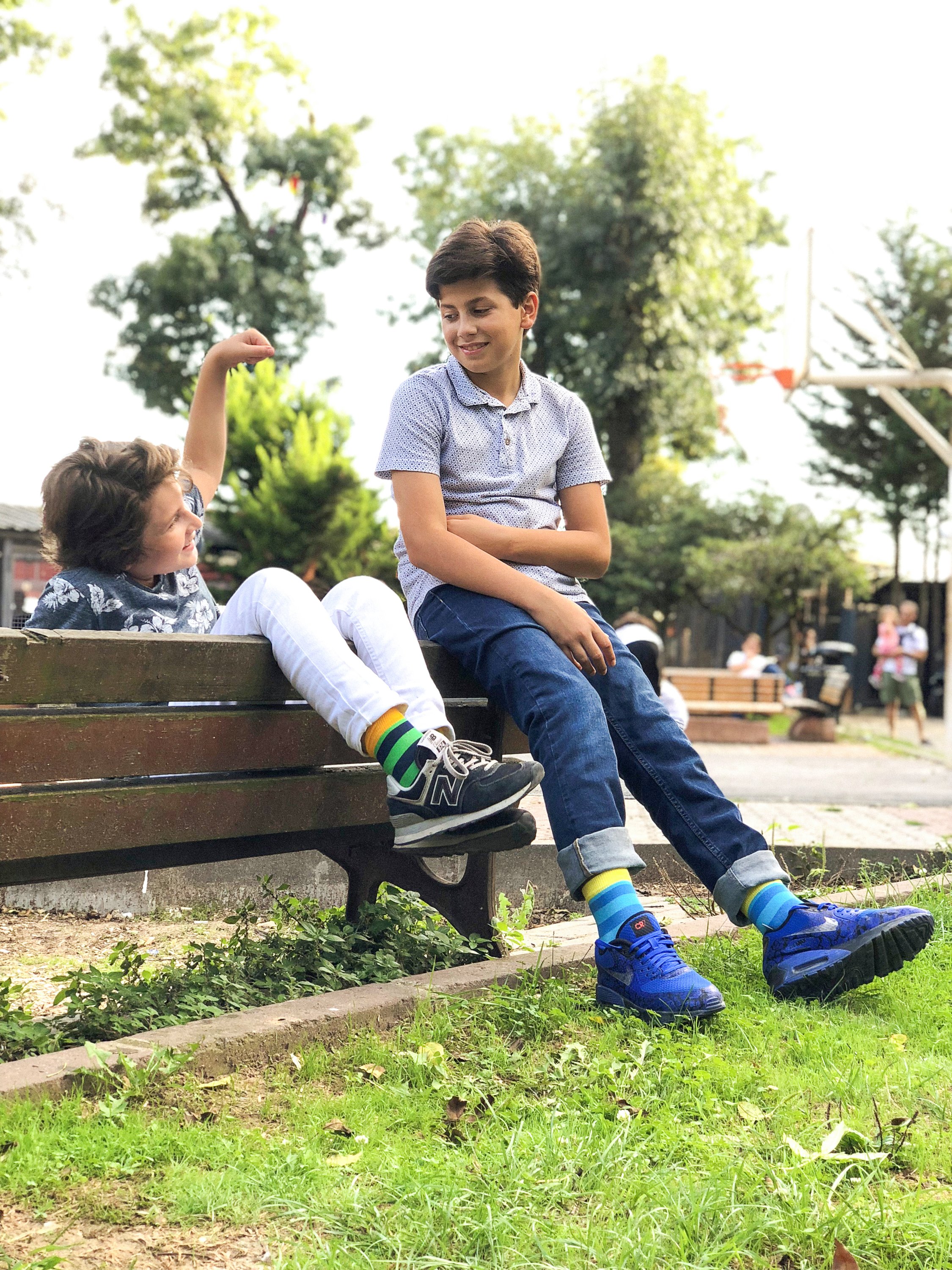 Kids Yellow Sky Stripe Socks featuring vibrant yellow and blue stripes, made from soft cotton for comfort.